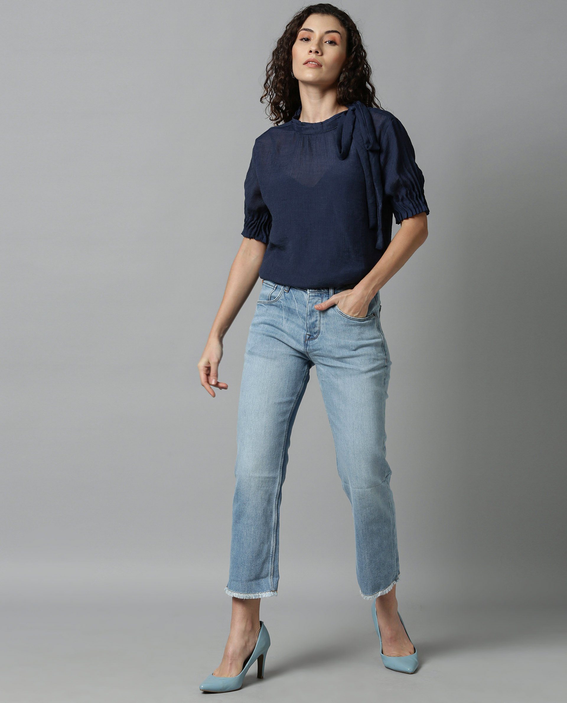Rareism Women Sparrow Navy Top Short Sleeves