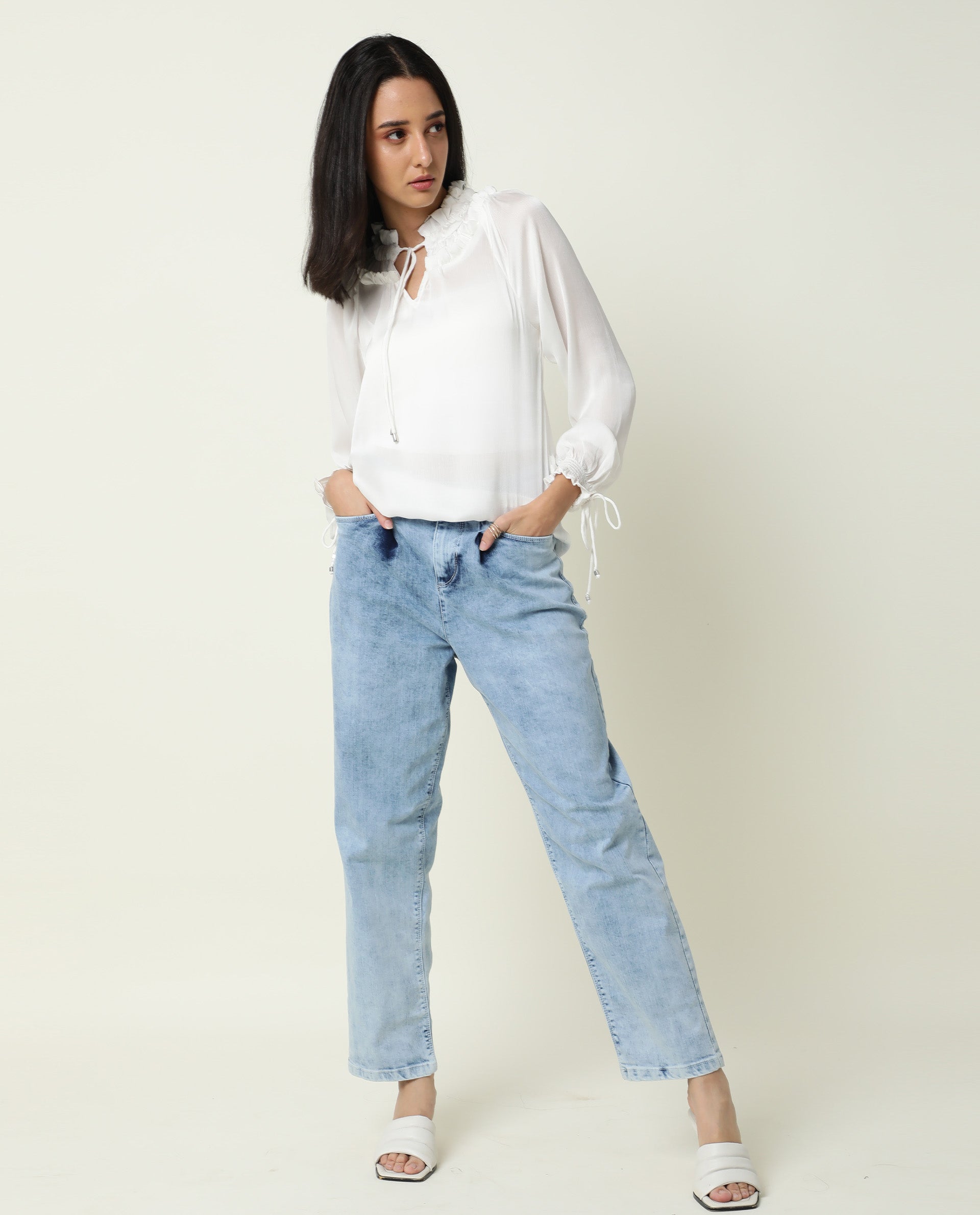 Rareism Womens Tremoe White Dress Polyester Fabric Normal Fit Full Sleeve V Neck