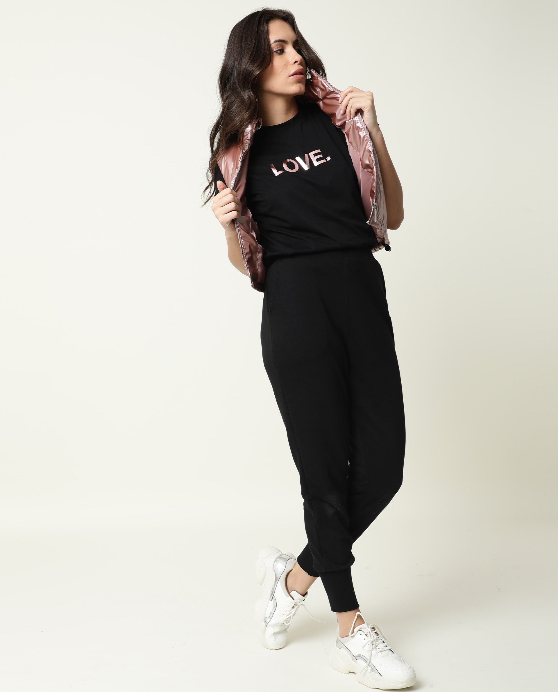 Rareism Womens Mild Black T-Shirt Cotton Fabric Regular Fit Extended Sleeves Crew Neck
