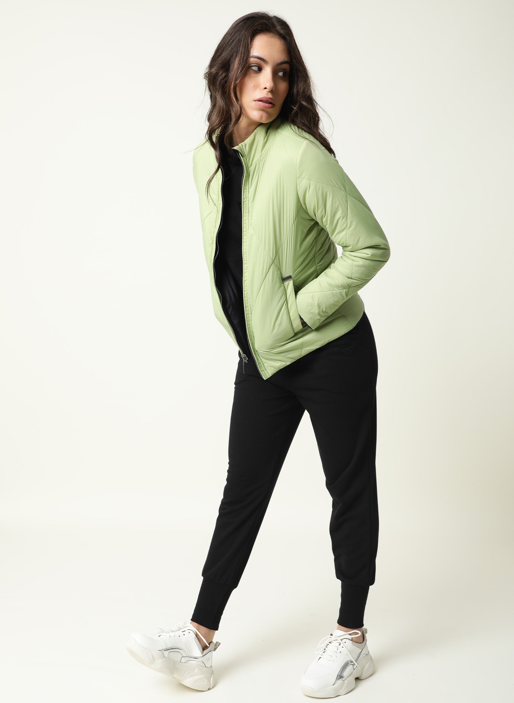 Rareism Women Cora Black Polyester Fabric Full Sleeves Solid High Neck Jacket