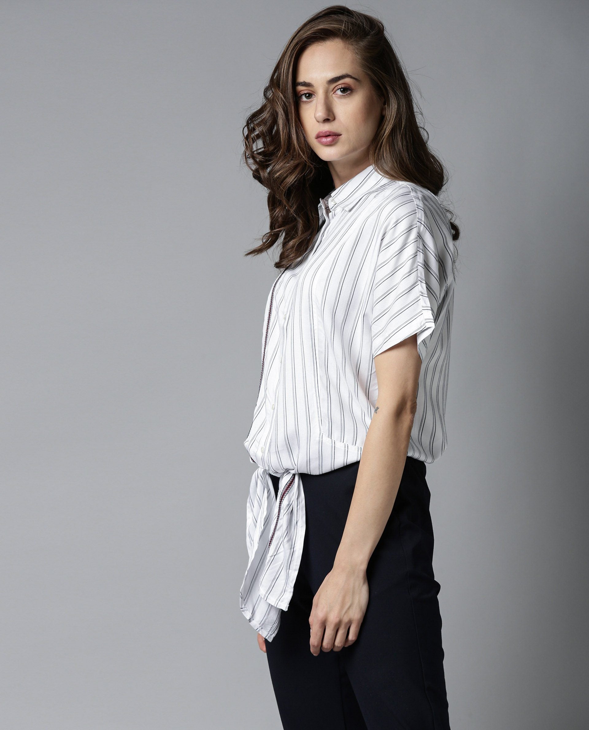 Rareism Womens Ciaga White Shirt Three Fourth Sleeve Band Collar