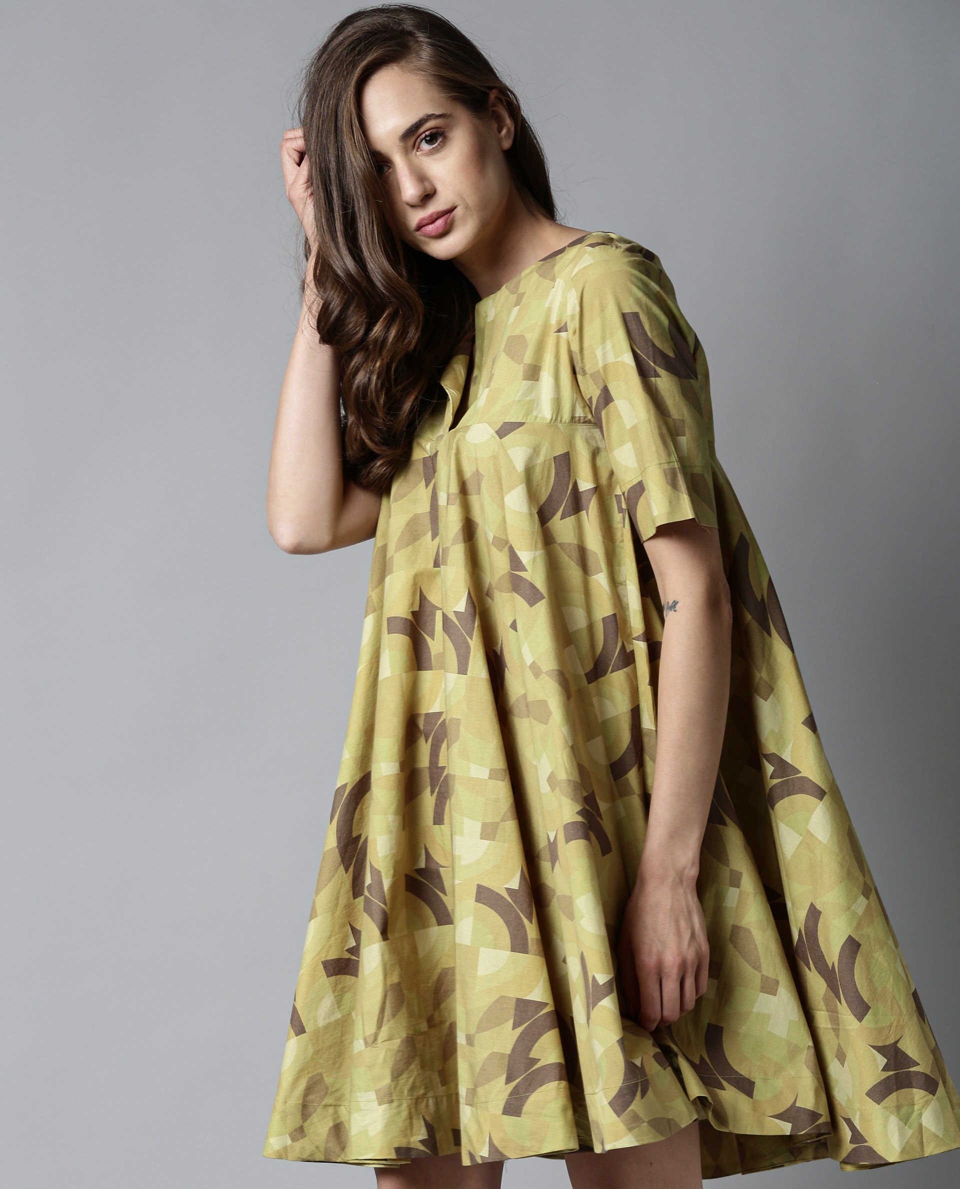 Rareism Women Novel Green Dress Short Sleeves Printed