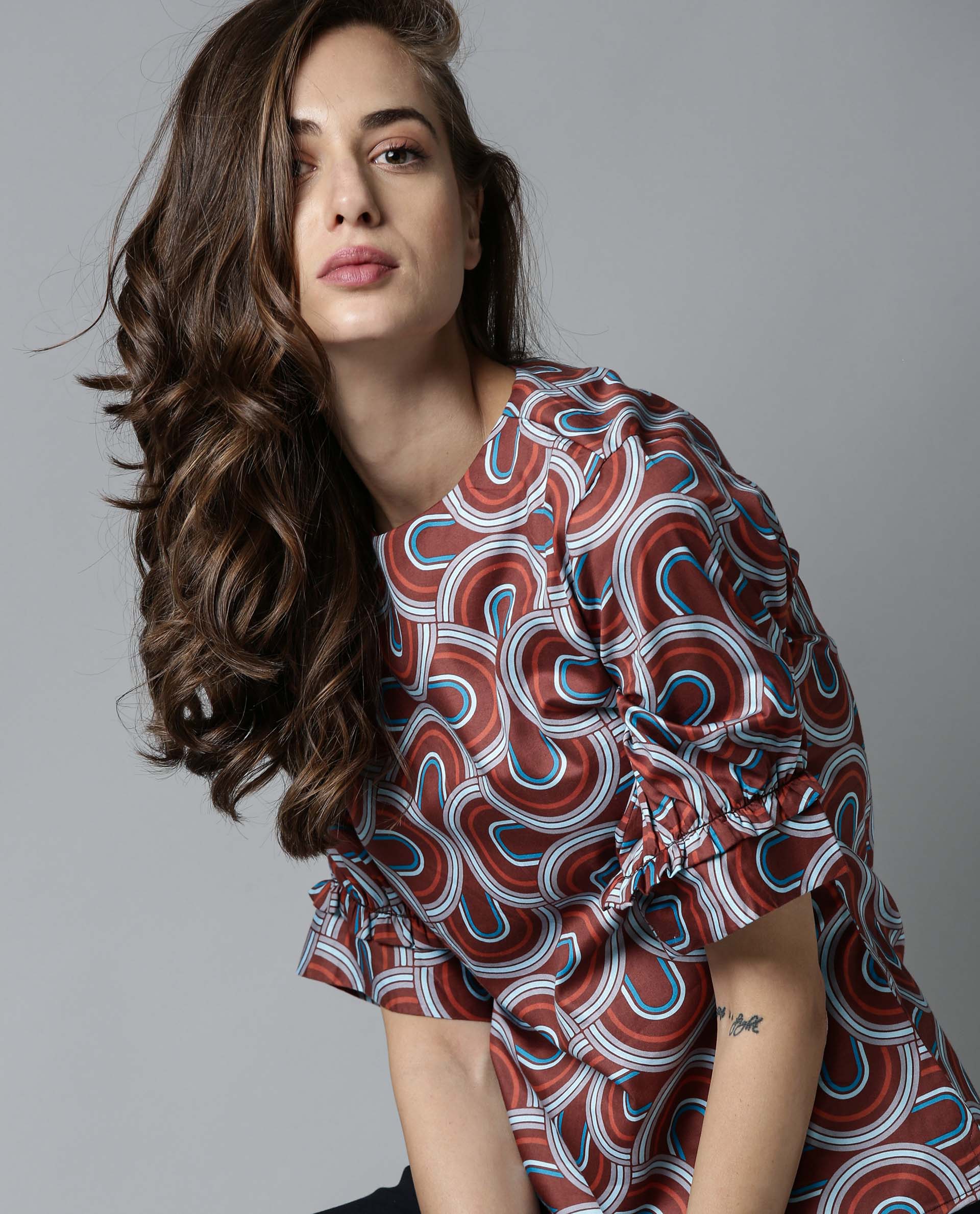 Rareism Women Jimmi Brown Cotton Fabric Regular Fit Round Neck Half Sleeves Print Top