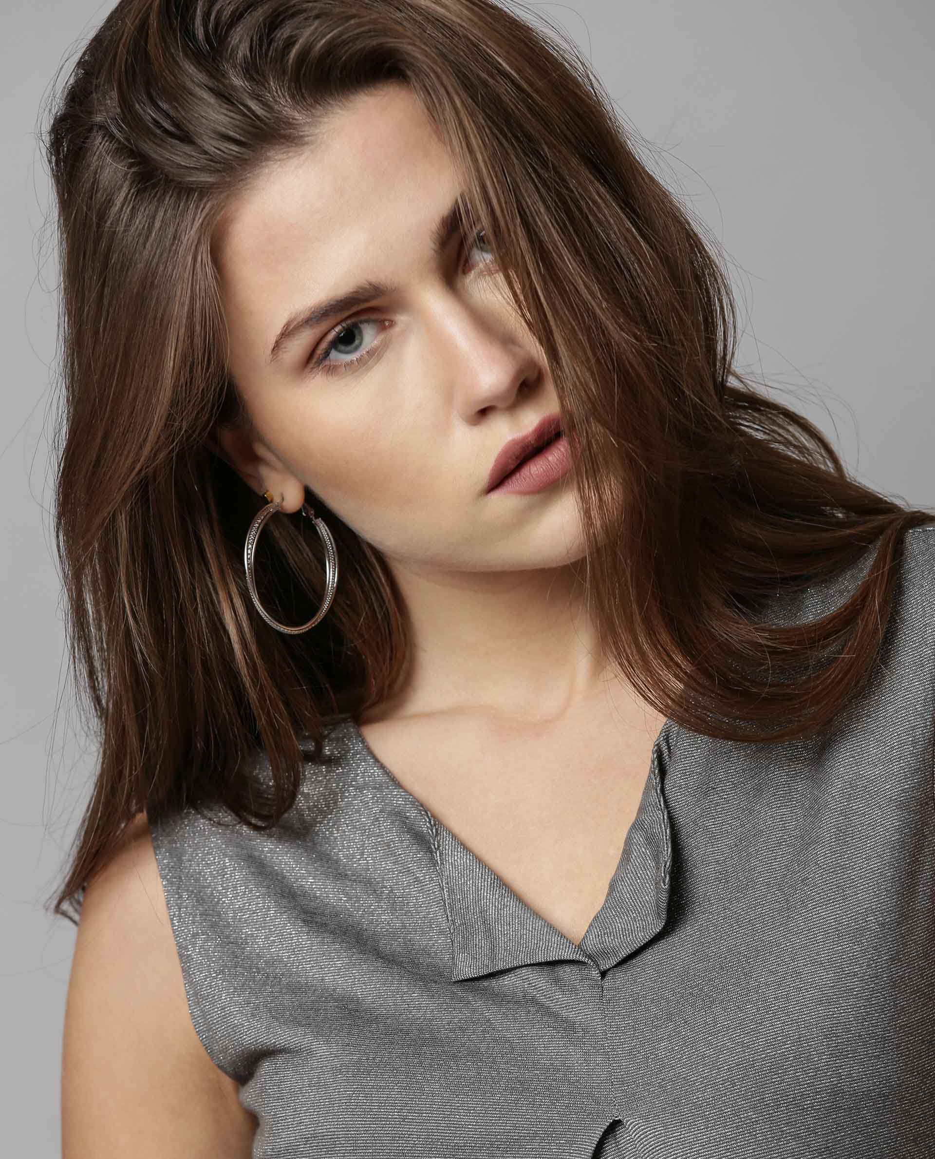 Rareism Womens Comet Grey Top Poly Rayon Blend Fabric Sleeveless Regular Fit Round Neck