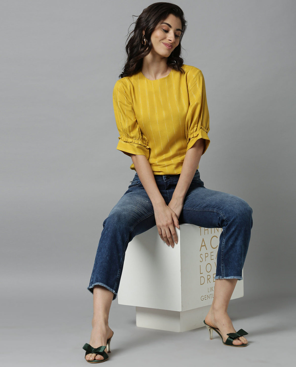 Rareism Women Mend Yellow Top Short Sleeves Stripe