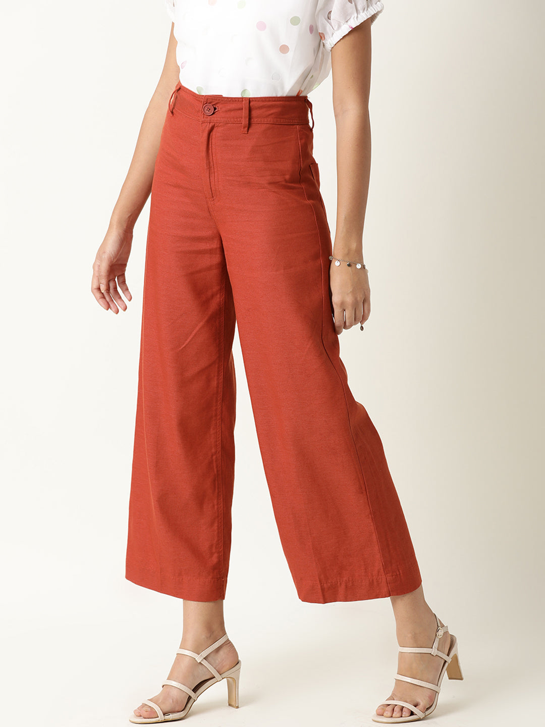 Rareism Women's Micky Mustard Cotton Blend Plain Ankle Length Tailored Trouser
