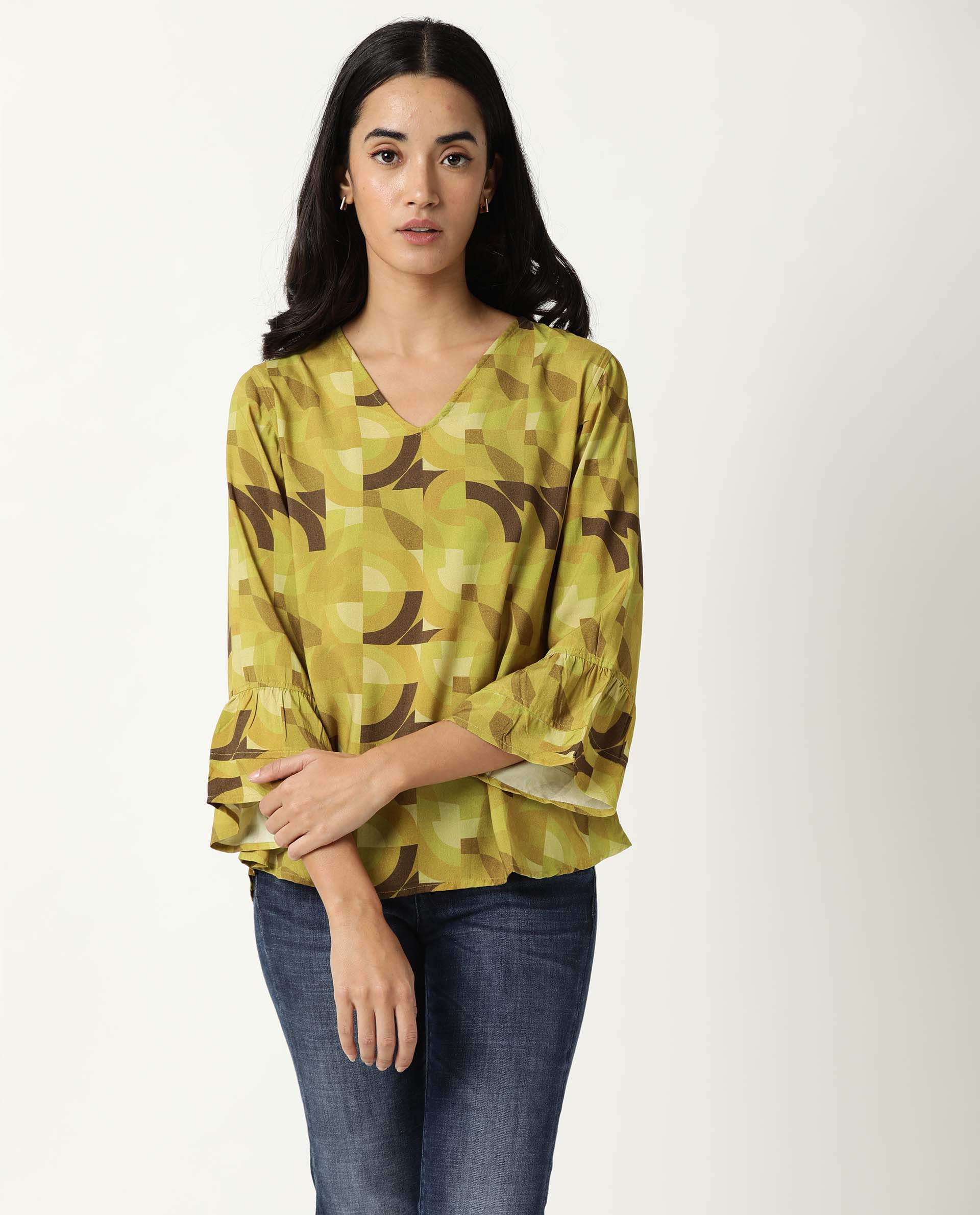 Rareism Womens Flex Green Top Regular Fit Balloon Sleeve V Neck
