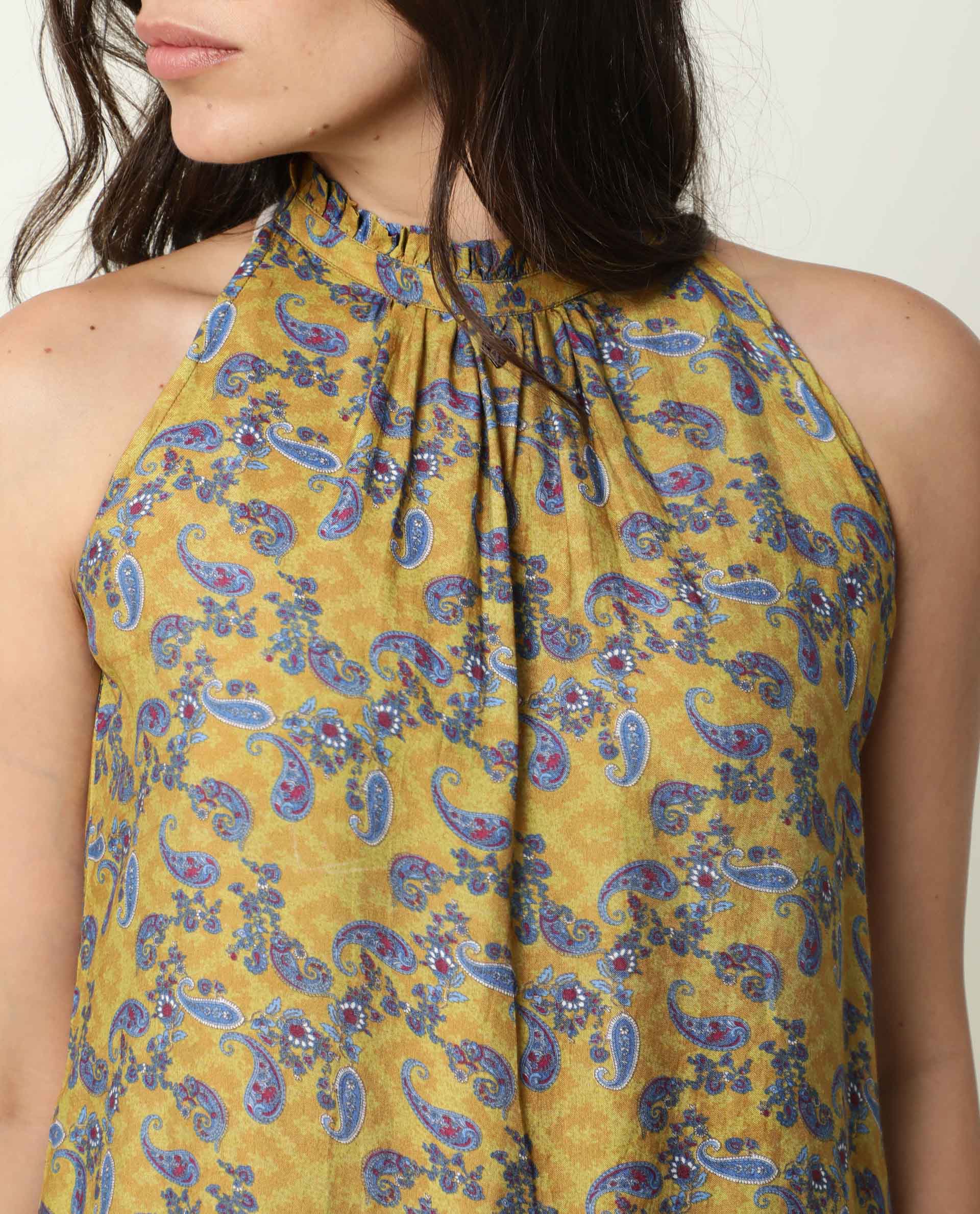 Rareism Women's Elordi Olive Halter Neck Floral Print Sleeveless Knee Length Tailored Top