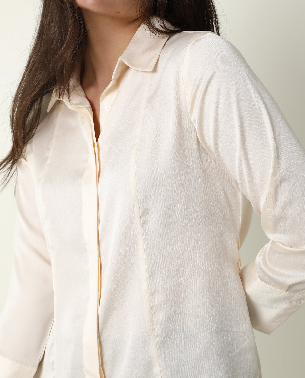 Rareism Women Wandy White Polyester Fabric Cuffed Sleeve Collared Neck Solid Shirt