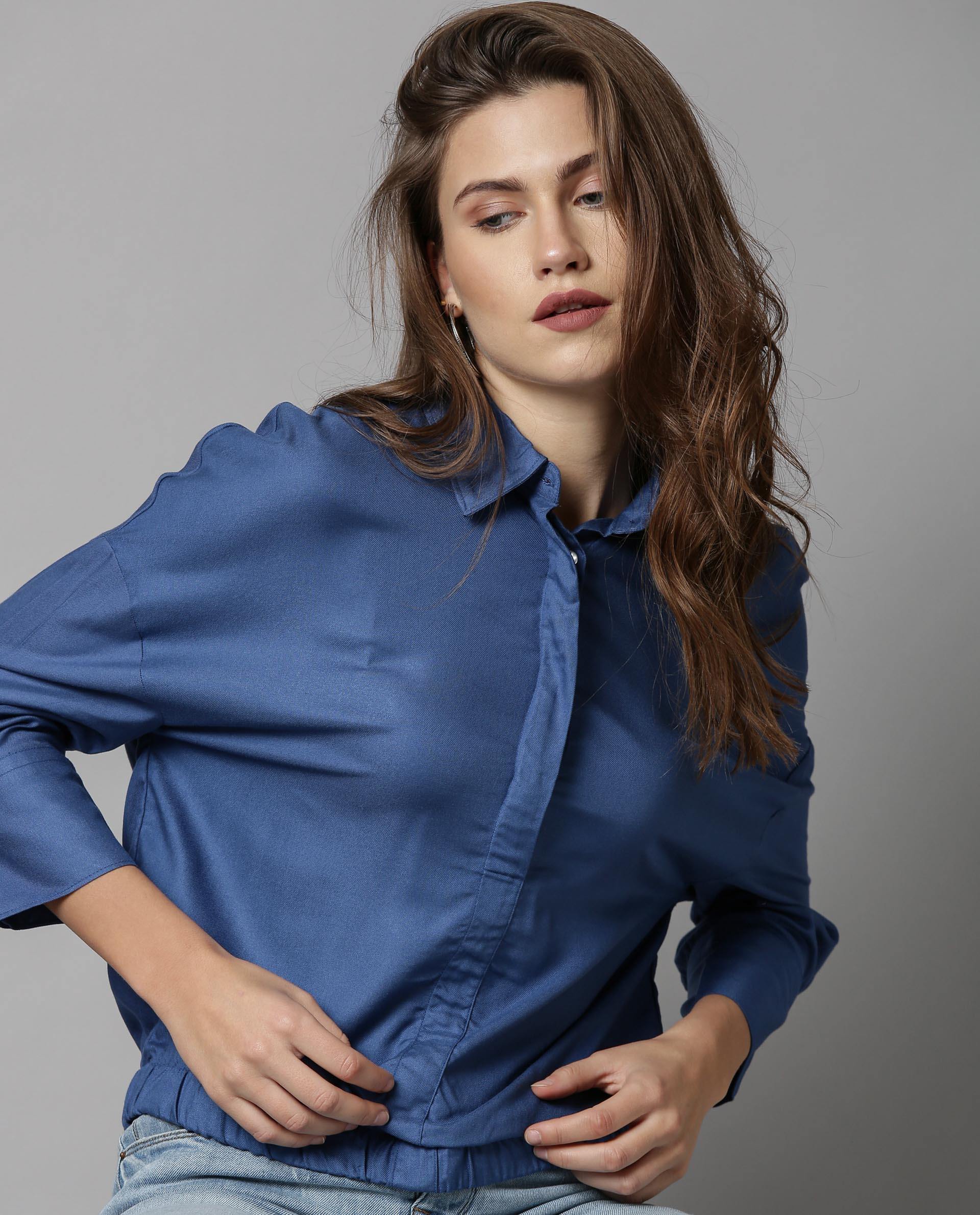 Rareism Women Dupe Blue Top Short Sleeves Solid