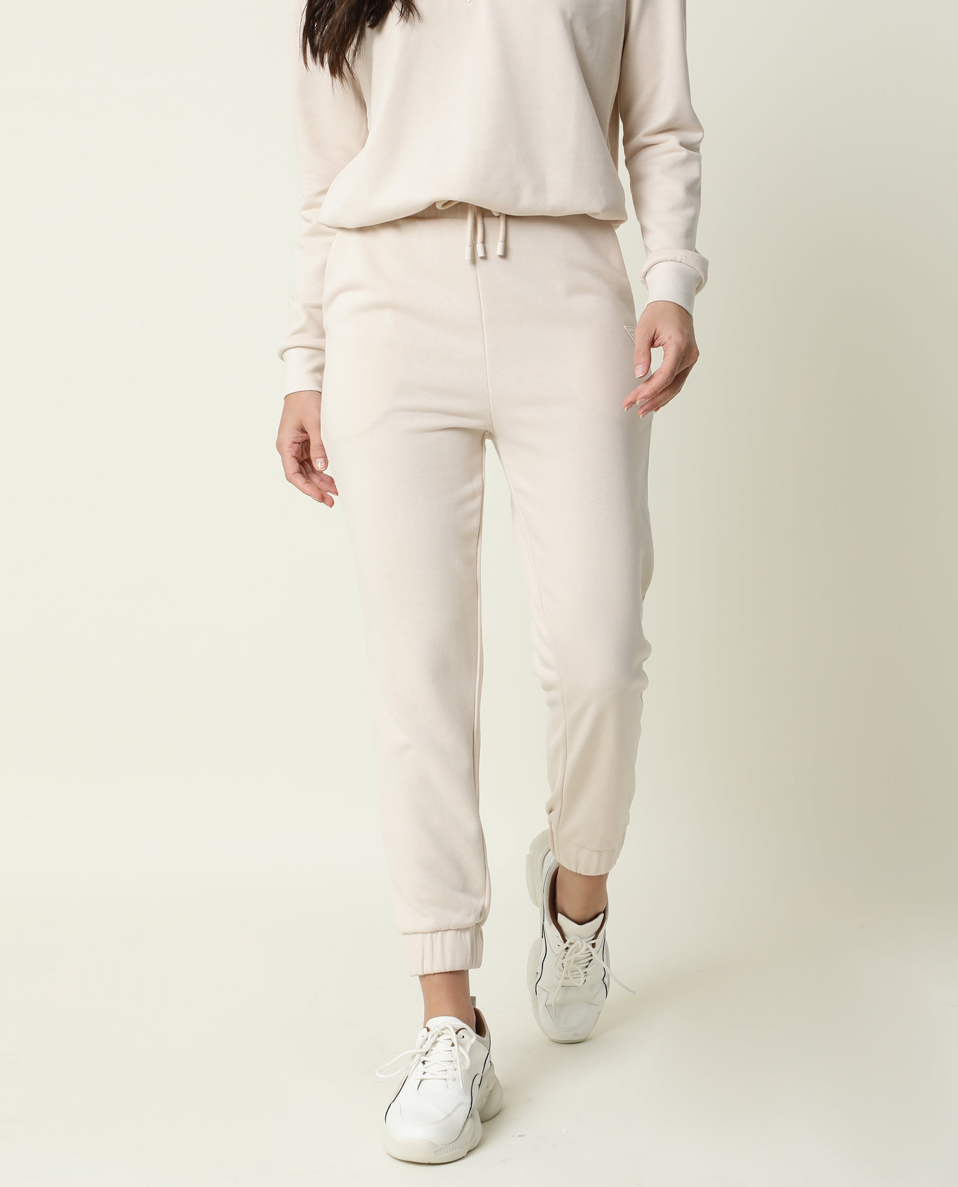 Rareism Women Maxine Beige Track Pant Cotton Fabric Drawstring Closure Solid