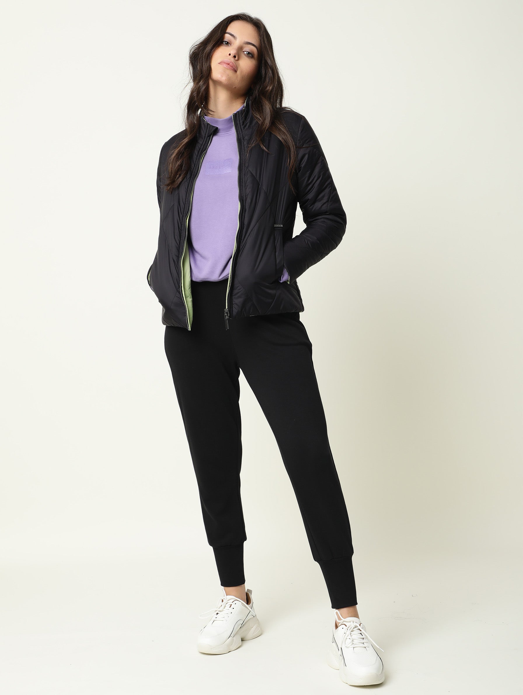 Rareism Women Cora Black Polyester Fabric Full Sleeves Solid High Neck Jacket