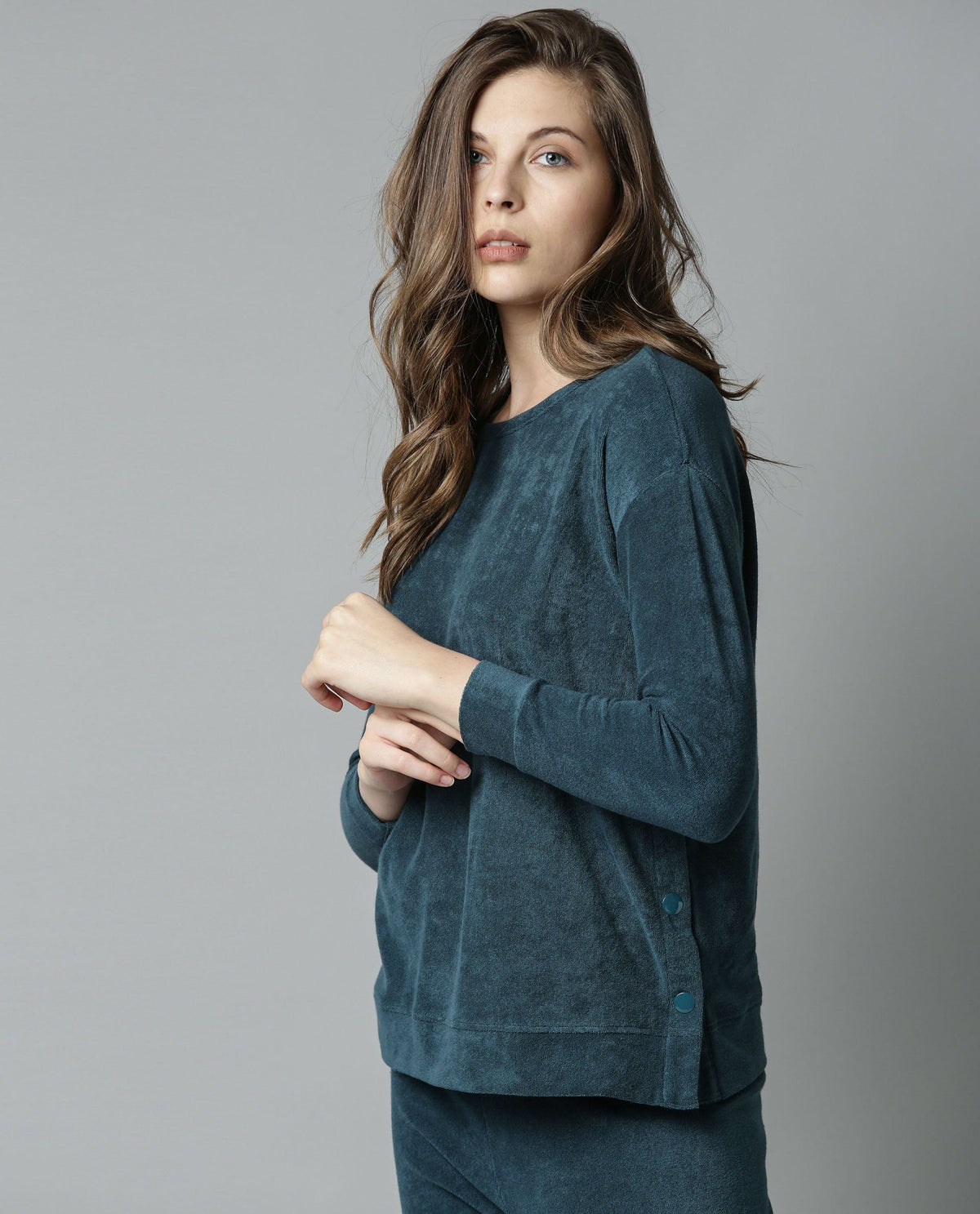 Rareism Women Kozy Blue Top Knit Fabric Full Sleeves Solid