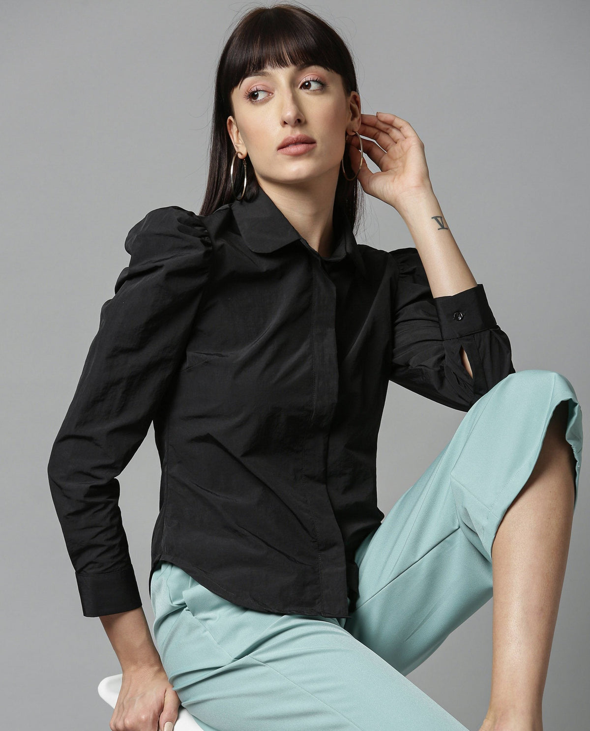 Rareism Women Tesla Black Top Full Sleeves Solid