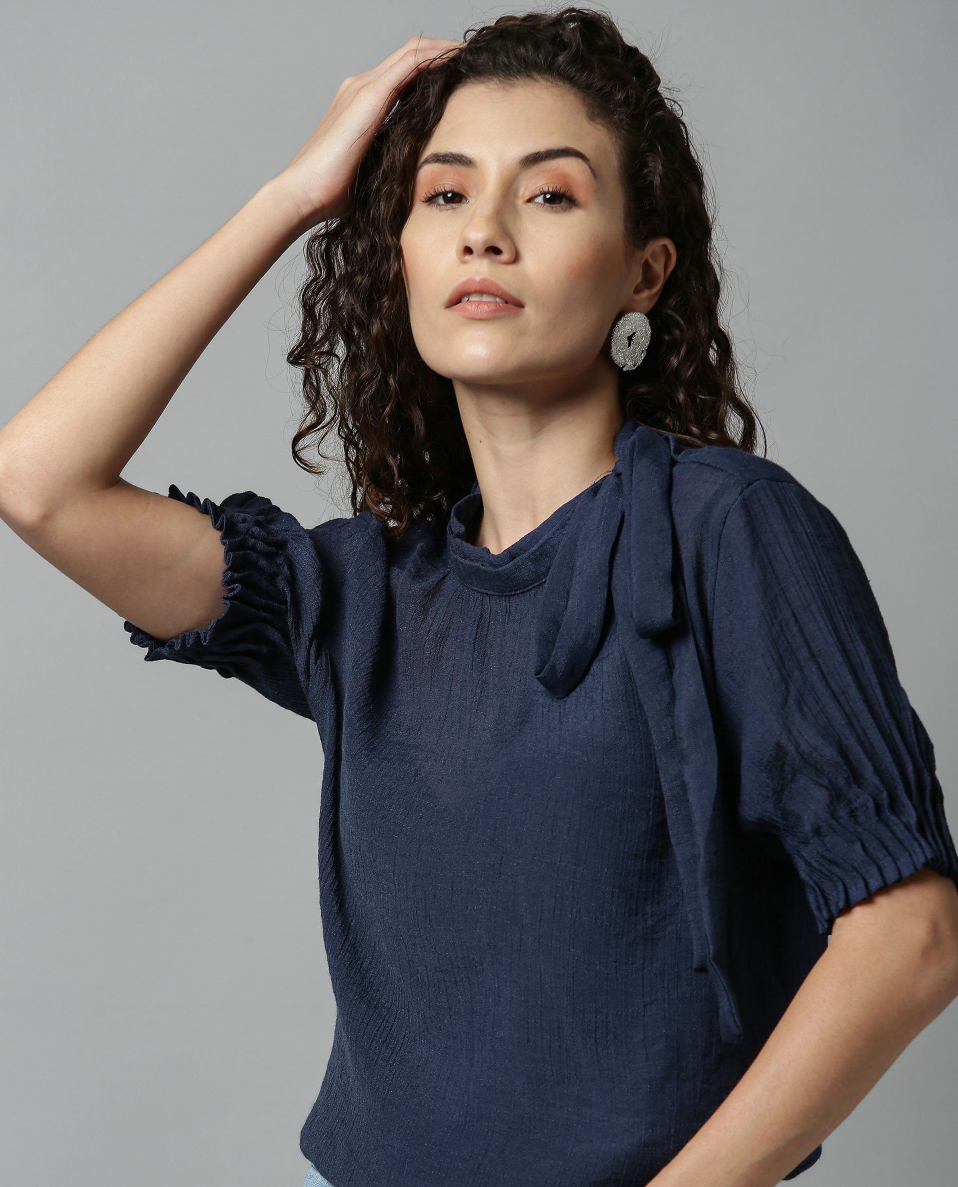 Rareism Women Sparrow Navy Top Short Sleeves
