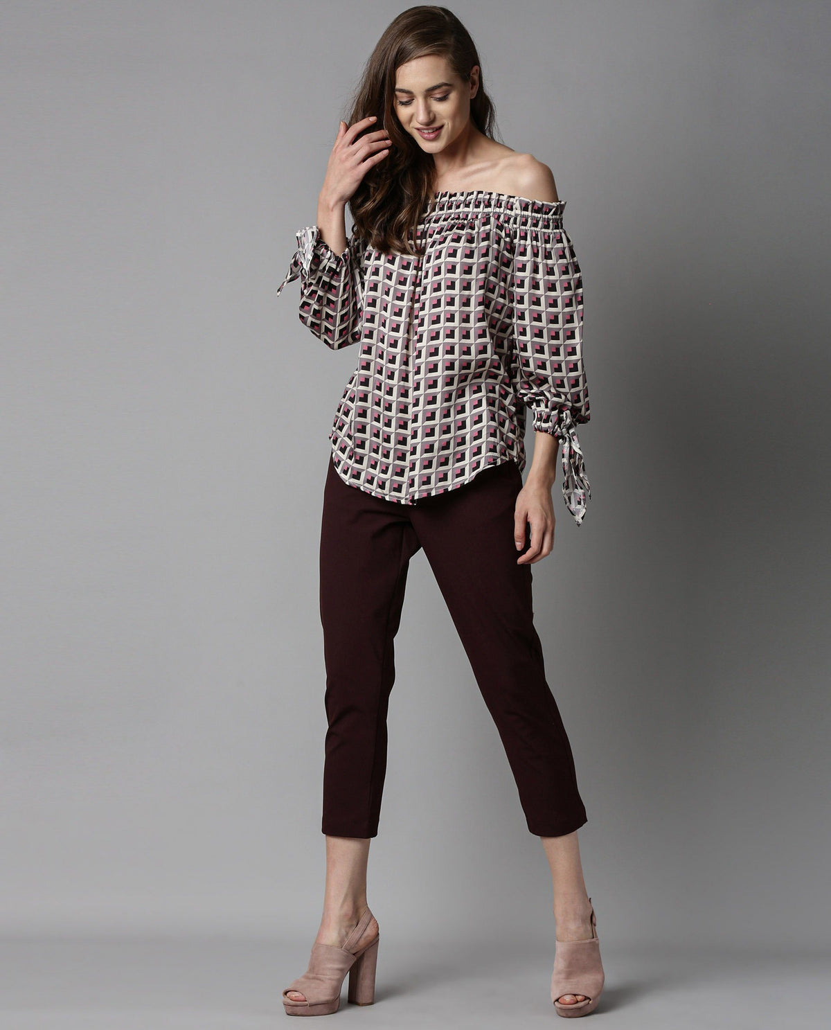 Rareism Women Fest Beige Top Short Sleeves Printed