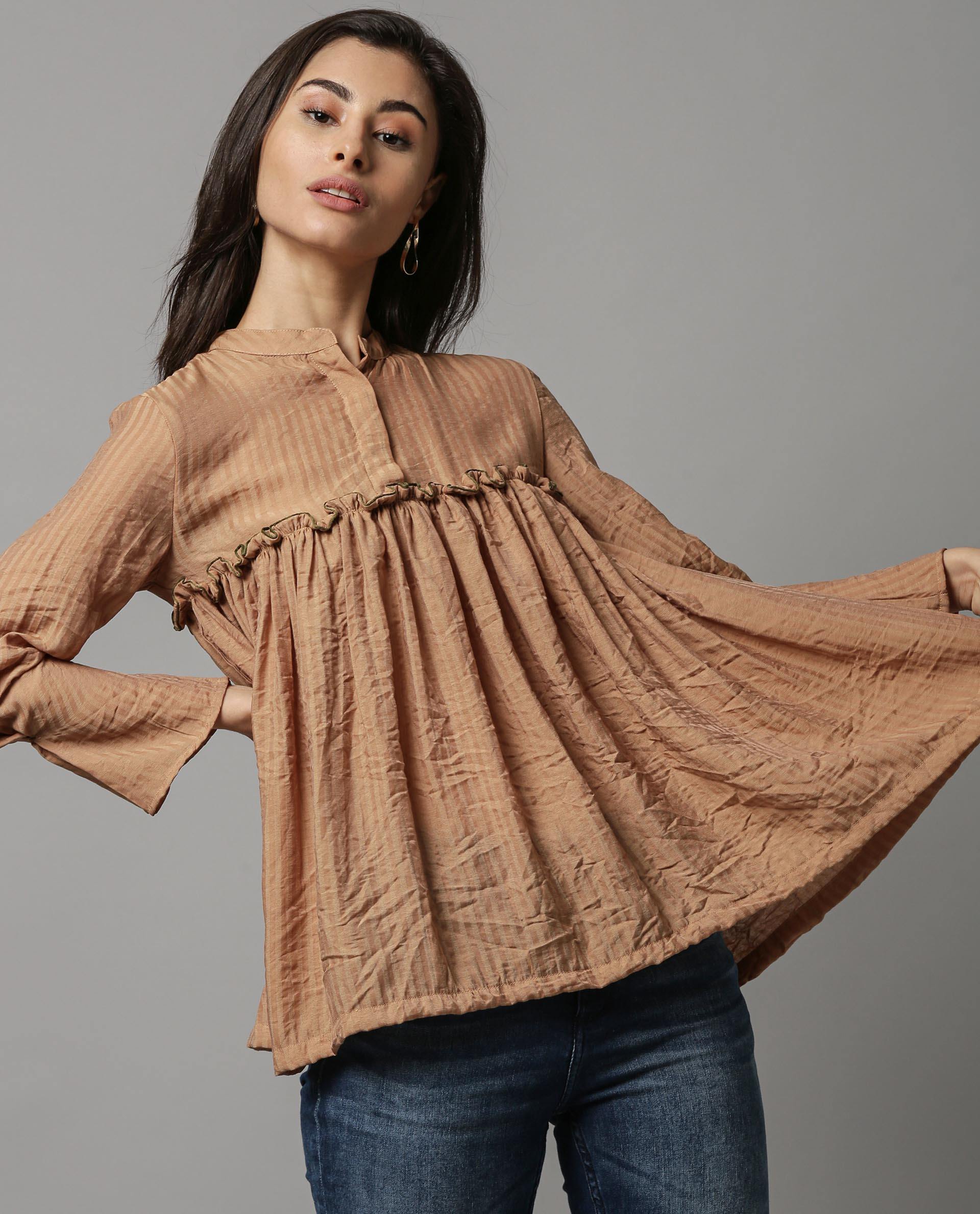 Rareism Women Poetry Brown Top Full Sleeves