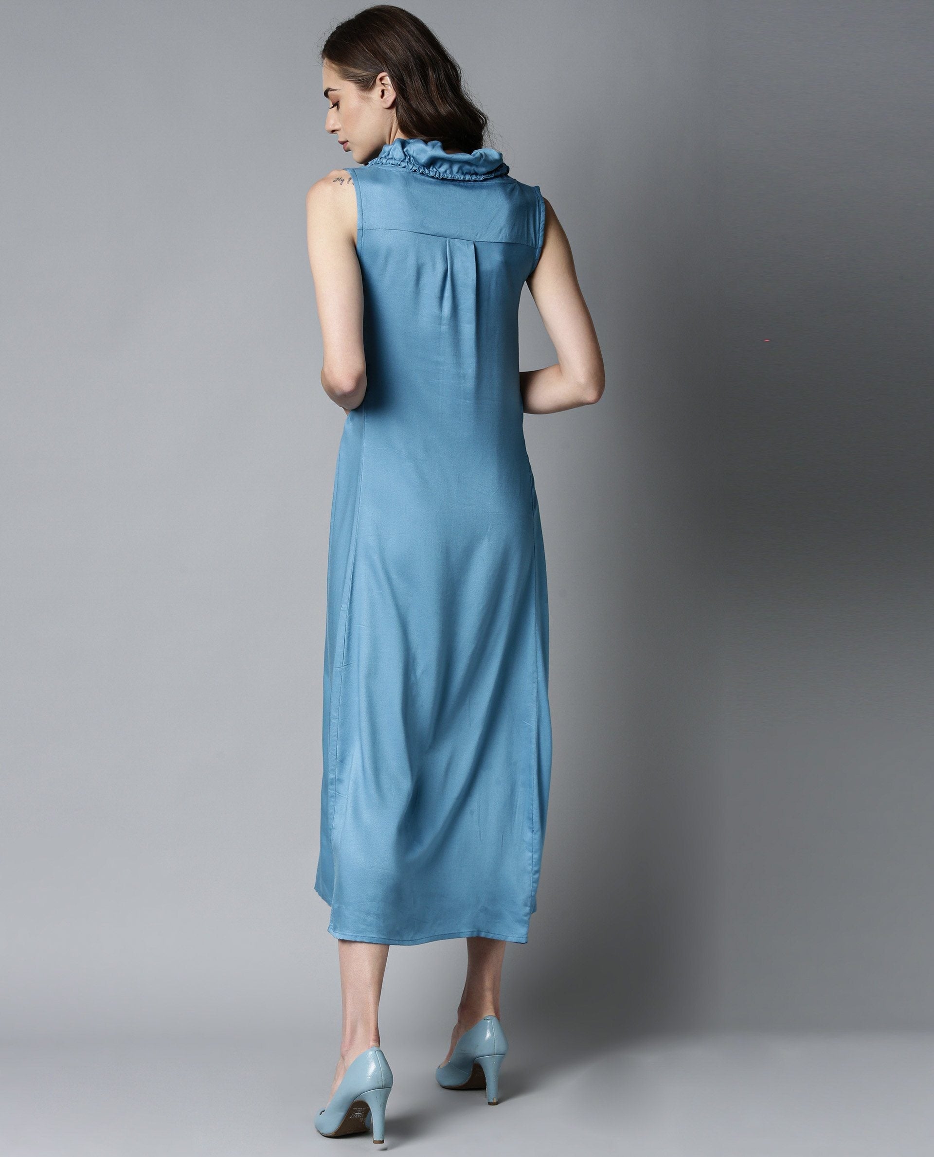 Rareism Womens Cruise Blue Dress Cotton Fabric Regular Fit Sleeveless Round Neck