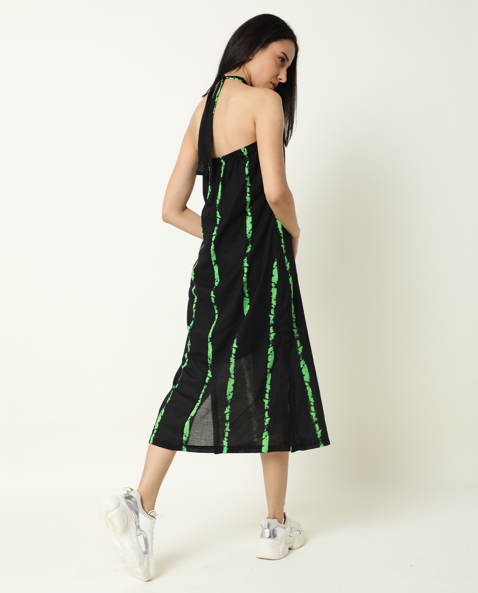 Rareism Women Heron Black Striped Halter Neck Back Tie-Up With Side Slits Midi Dress