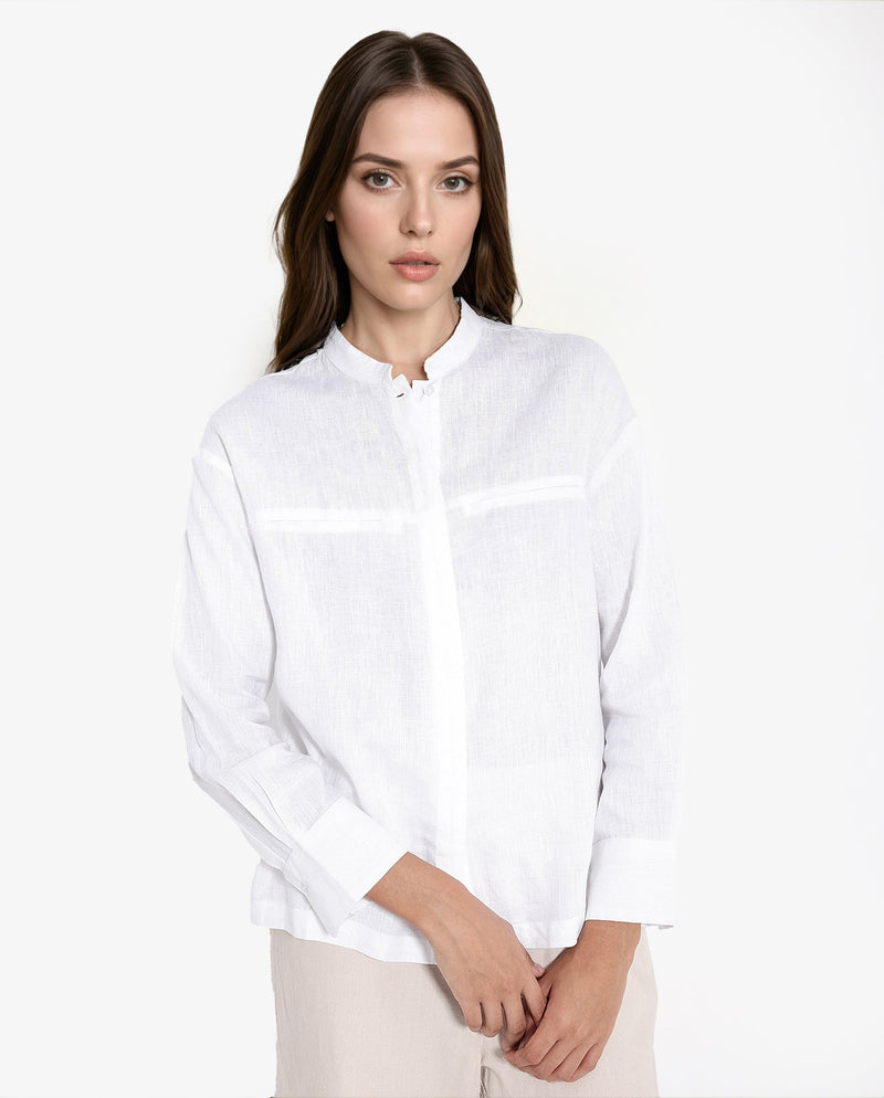 Rareism Women Aruba White Cotton Linen Fabric Collared Neck Solid Regular Fit Shirt