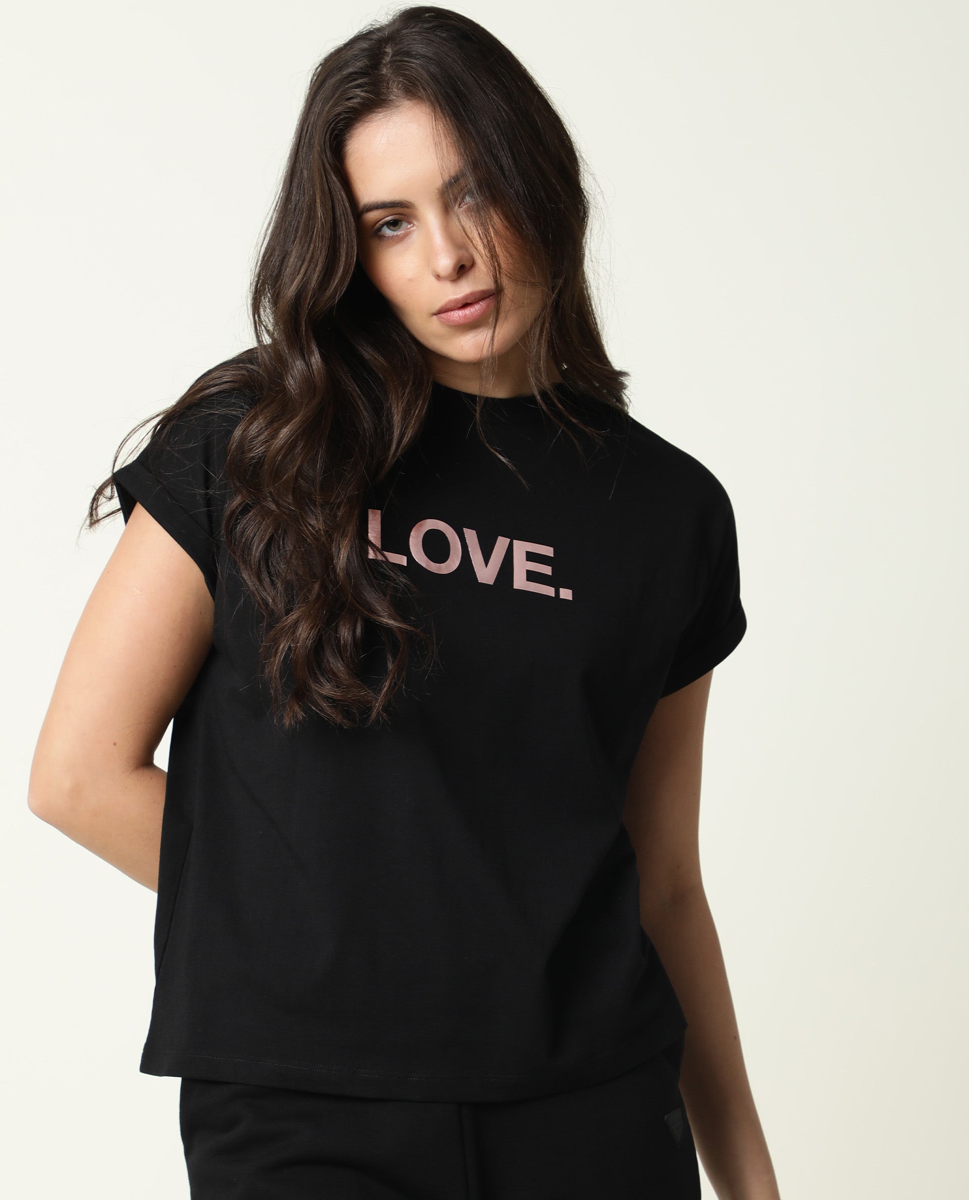 Rareism Womens Mild Black T-Shirt Cotton Fabric Regular Fit Extended Sleeves Crew Neck