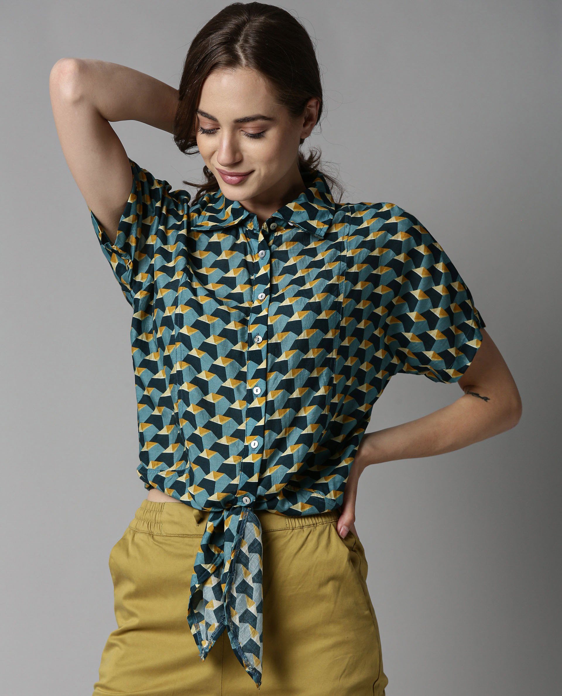 Rareism Women Biza Blue Top Short Sleeves Printed