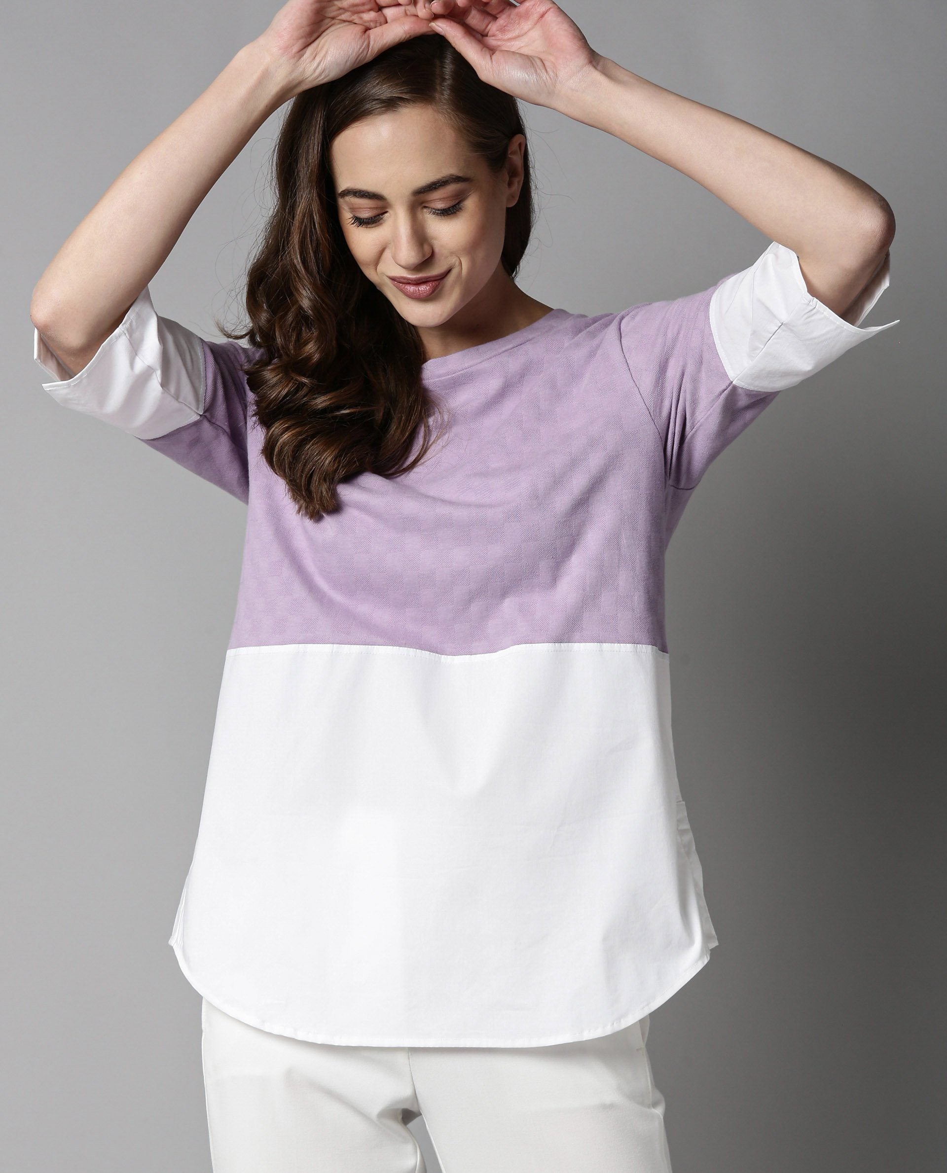 Rareism Women Lux Purple Top Knit Fabric Short Sleeves Solid