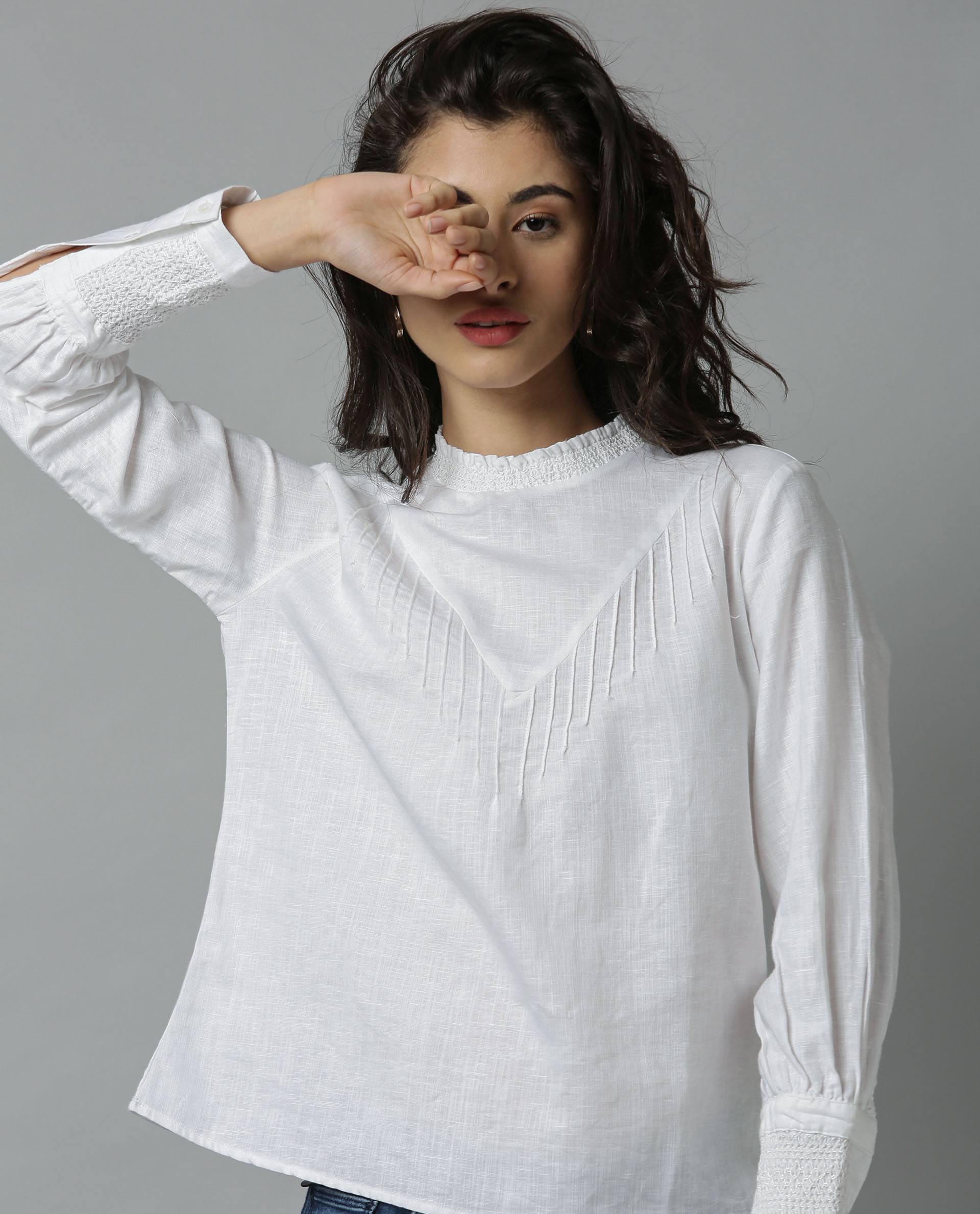 Rareism Women Dandellion White Top Full Sleeves