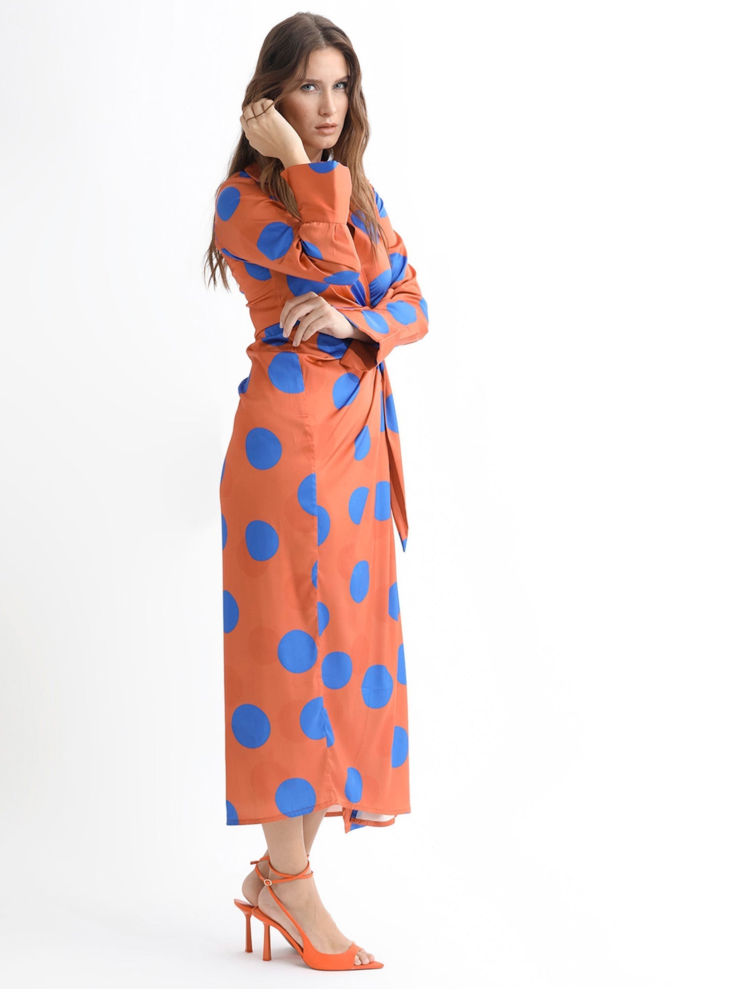 Rareism Women Farben Dark Orange Polyester Fabric Full Sleeves Tie-Up Closure Shirt Collar Regular Fit Polka Maxi Wrap Dress