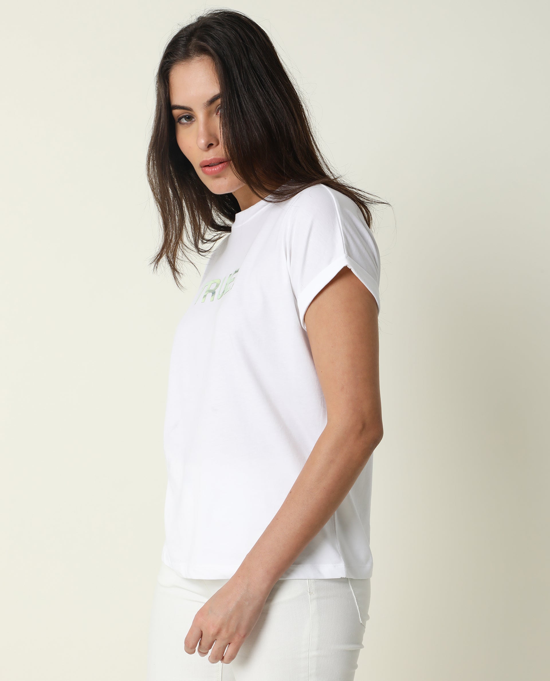 Rareism Womens Exist White T-Shirt Cotton Fabric Regular Fit Extended Sleeves Crew Neck