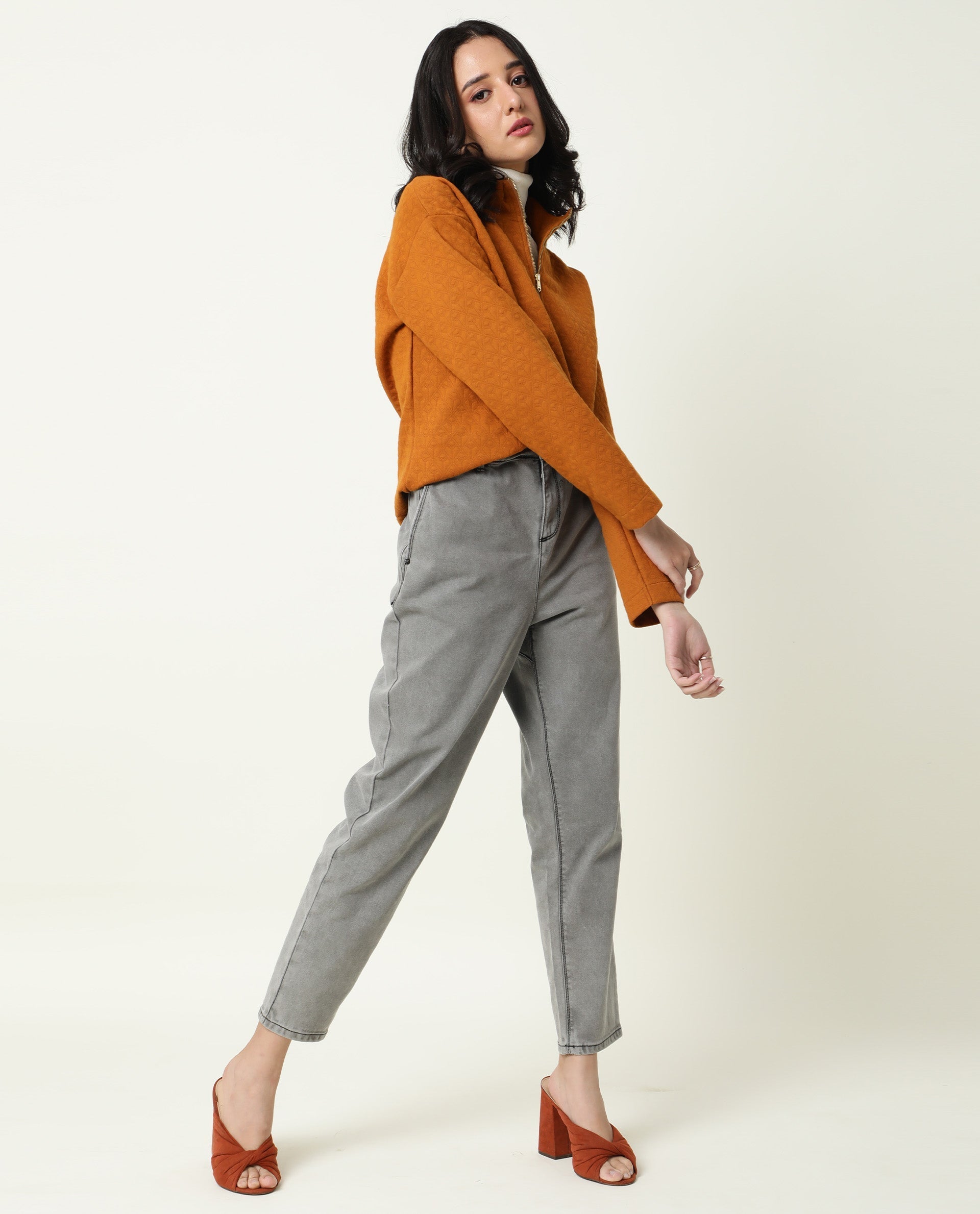 Rareism Women Bozo Dark Rust  Regular Fit Full Sleeves Textured High Neck Sweatshirt