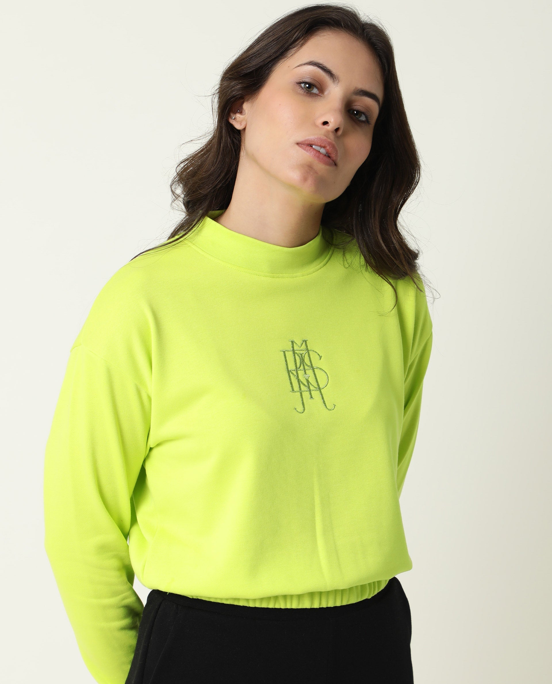 Rareism Womens Coyne Green Sweatshirt Cotton Fabric Relaxed Fit Full Sleeve High Neck