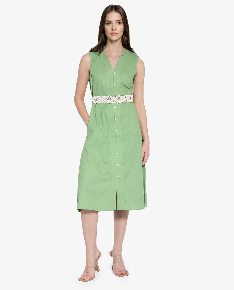 Rareism Women Foream Pastel Green Cotton Linen Fabric Sleeveless V-Neck Solid Longline Dress