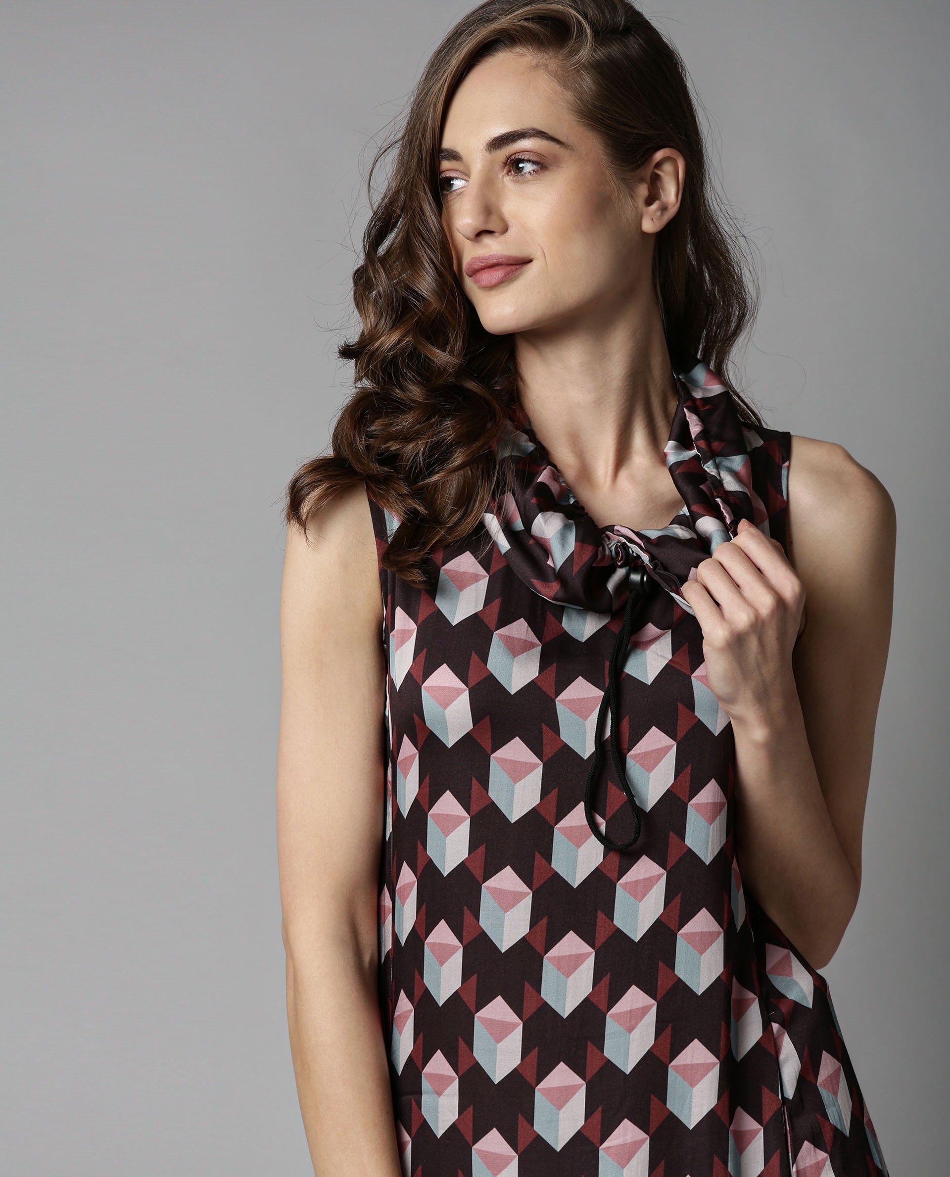 Rareism Womens Vance Coffee Dress Cotton Fabric Regular Fit Sleeveless Round Neck