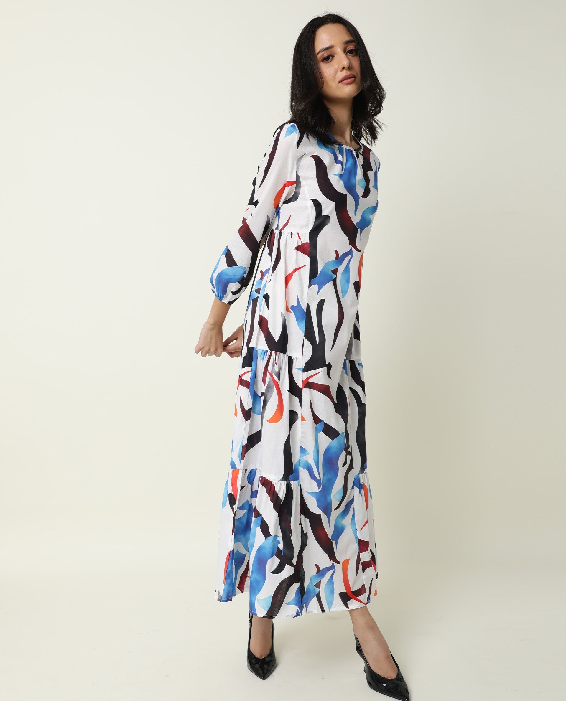 Rareism Women Europe White Abstract Boat Neck 3/4 Sleeves Tiered Maxi Dress