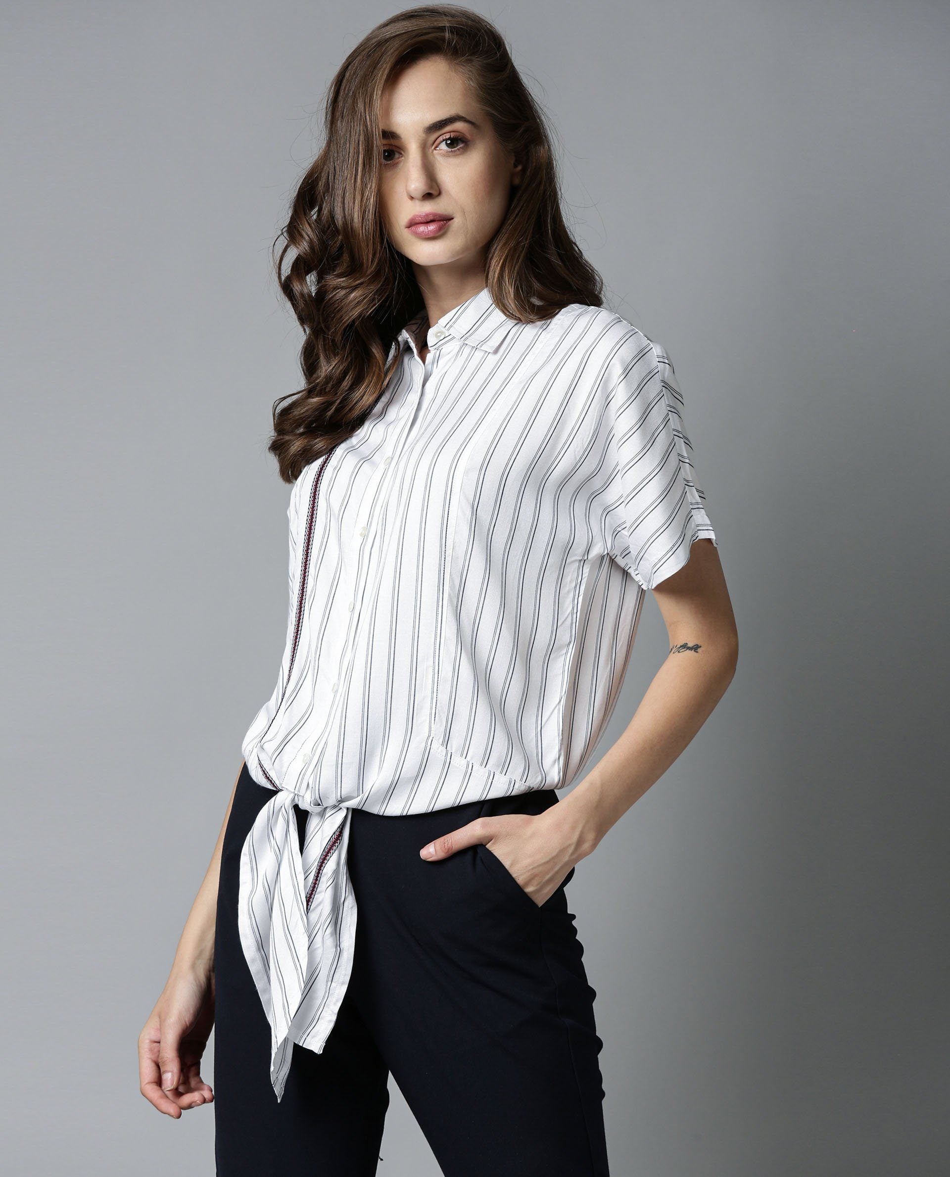 Rareism Womens Ciaga White Shirt Three Fourth Sleeve Band Collar