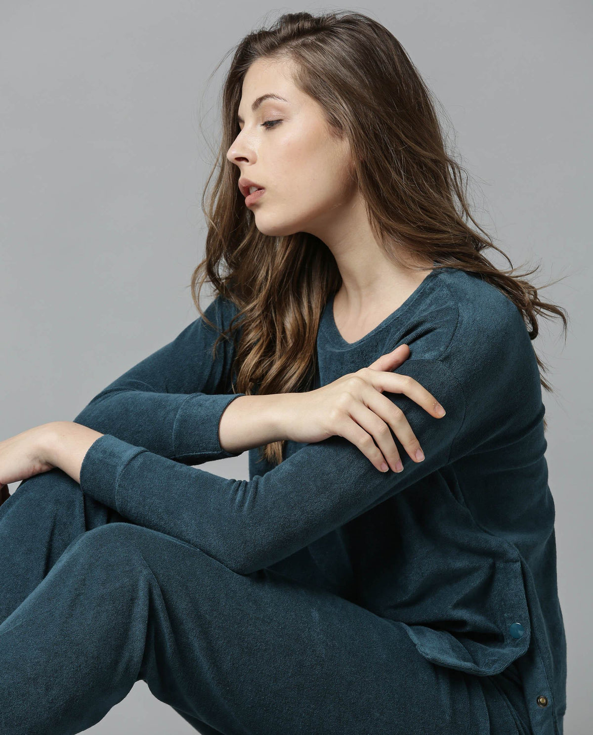 Rareism Women Kozy Blue Top Knit Fabric Full Sleeves Solid