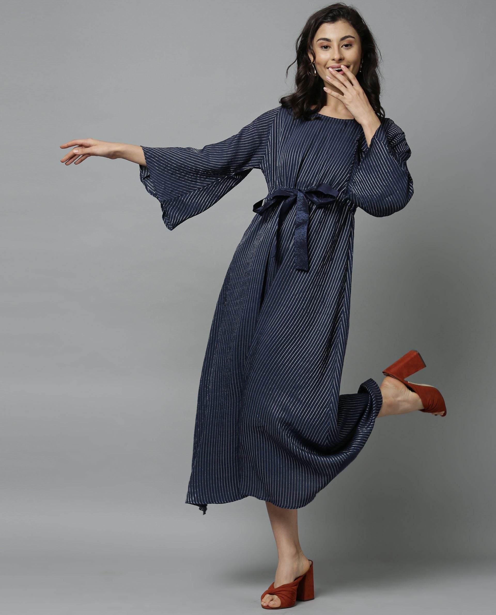 Rareism Women Repose Navy Dress Full Sleeves