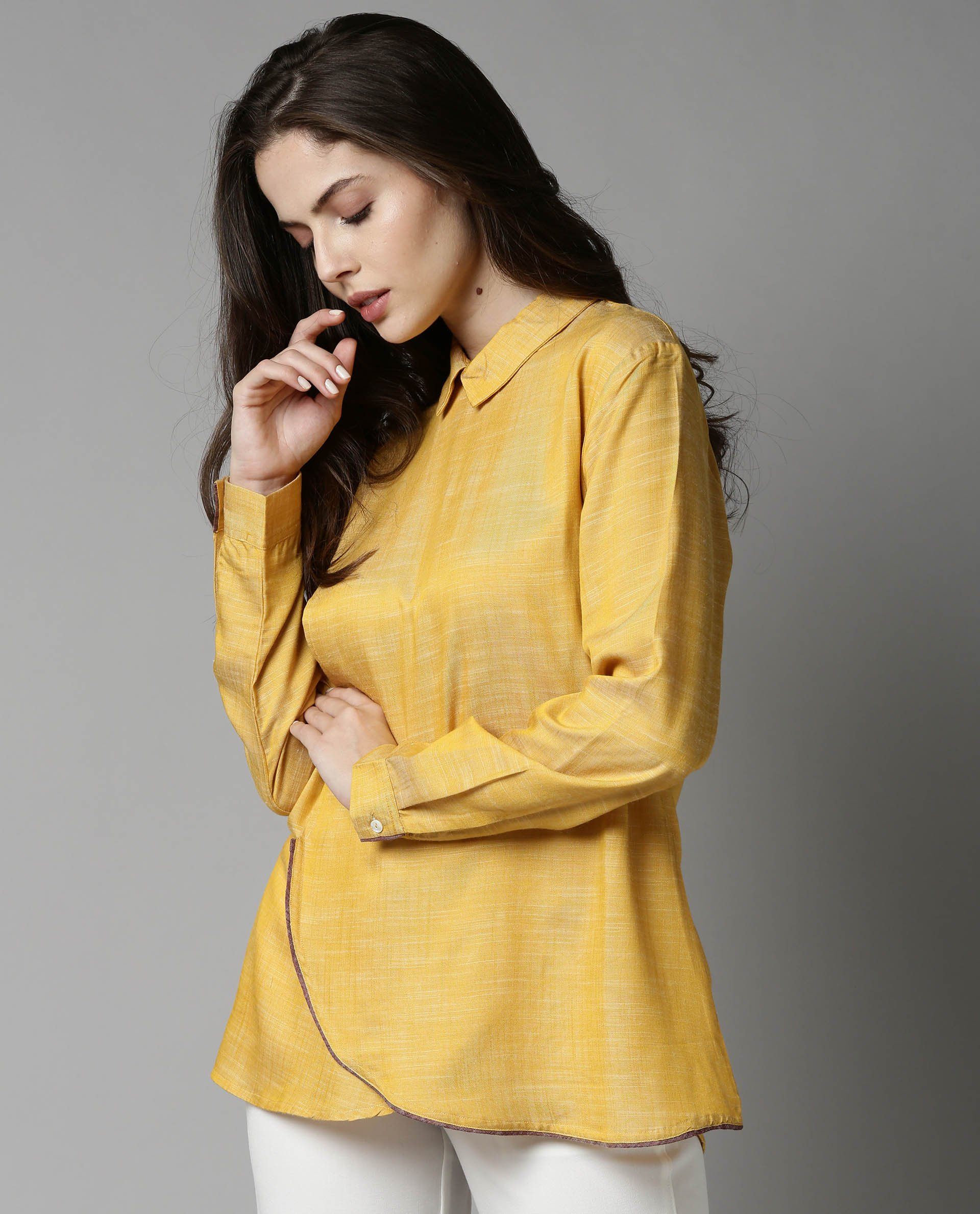 Rareism Womens Kara Yellow Top Polycotton Fabric Full Sleeves Collar Neck