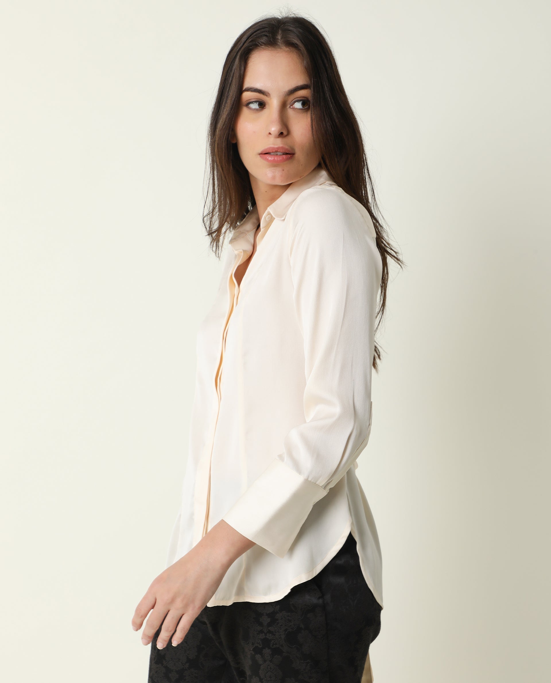 Rareism Women Wandy White Polyester Fabric Cuffed Sleeve Collared Neck Solid Shirt