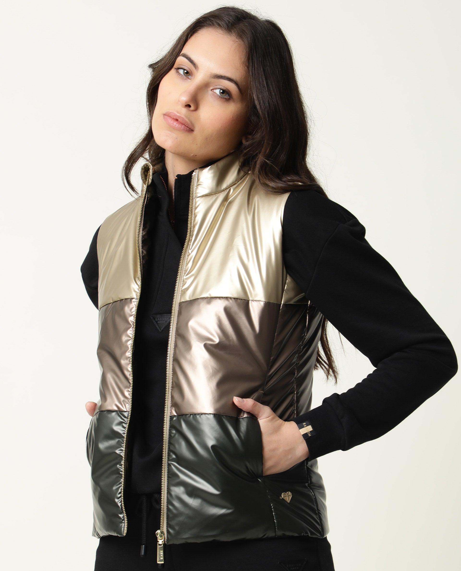 Rareism Women Sophia Gold Polyester Fabric Sleeveless Solid High Neck Jacket