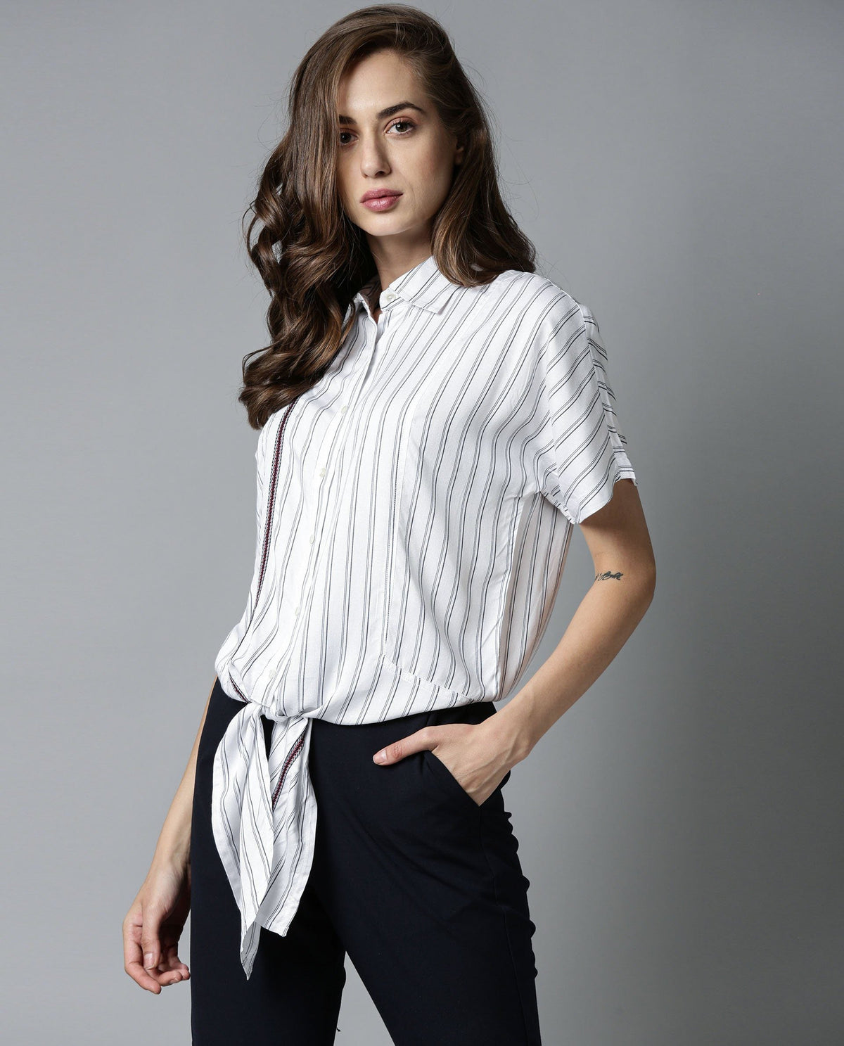 Rareism Womens Ciaga White Shirt Three Fourth Sleeve Band Collar