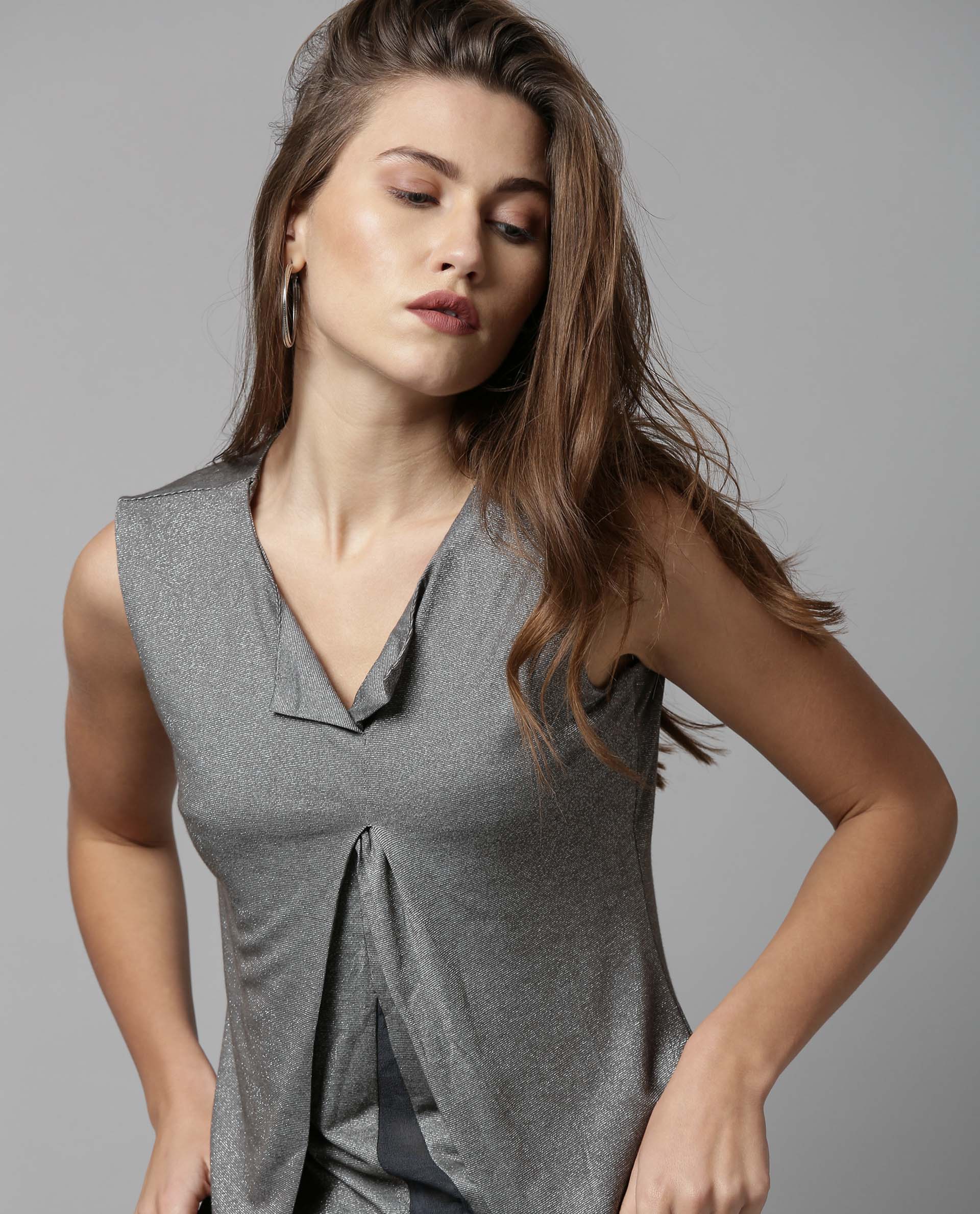 Rareism Womens Comet Grey Top Poly Rayon Blend Fabric Sleeveless Regular Fit Round Neck