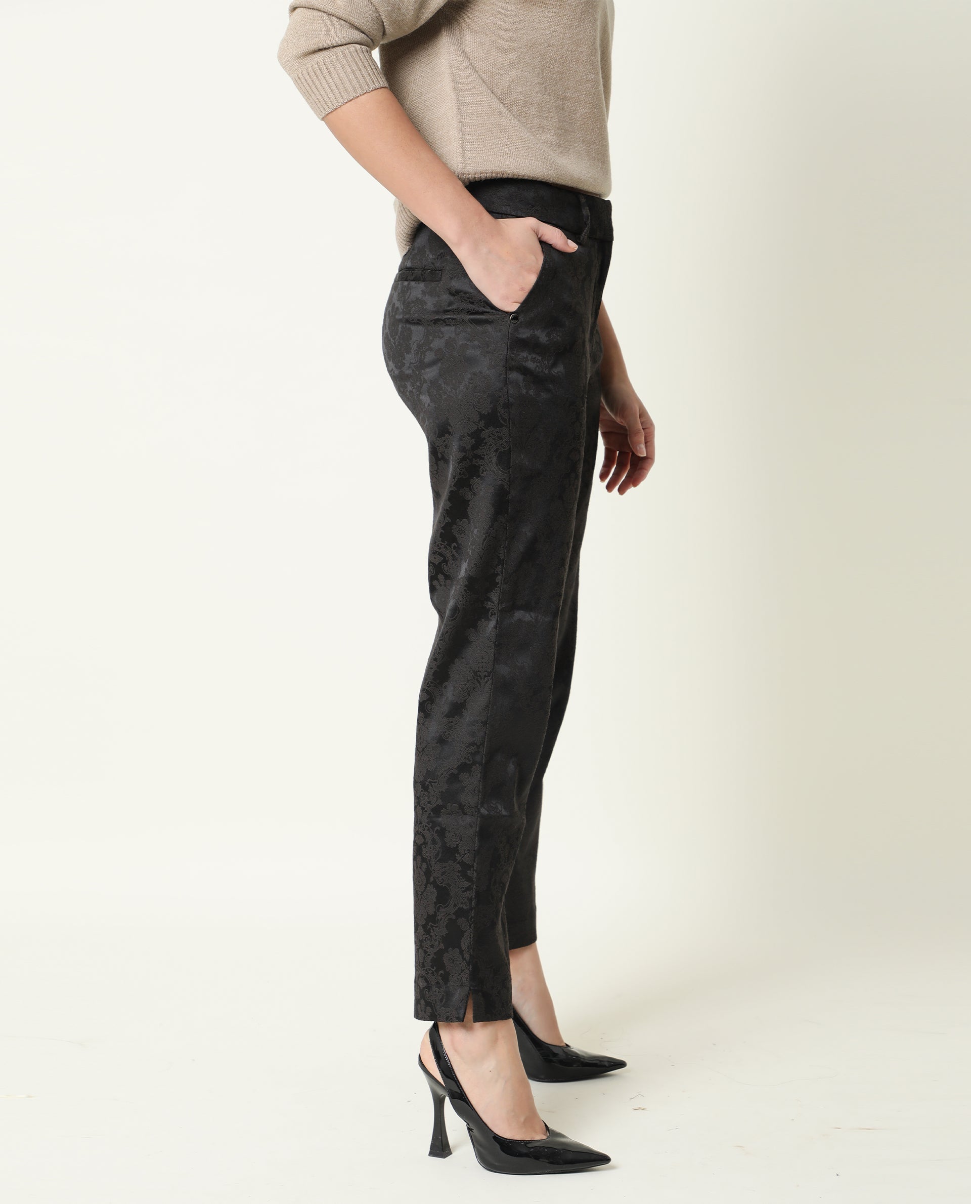 Rareism Women Nestea Black Velvet Tailored Fit High Rise Floral Print Ankle Length Trousers