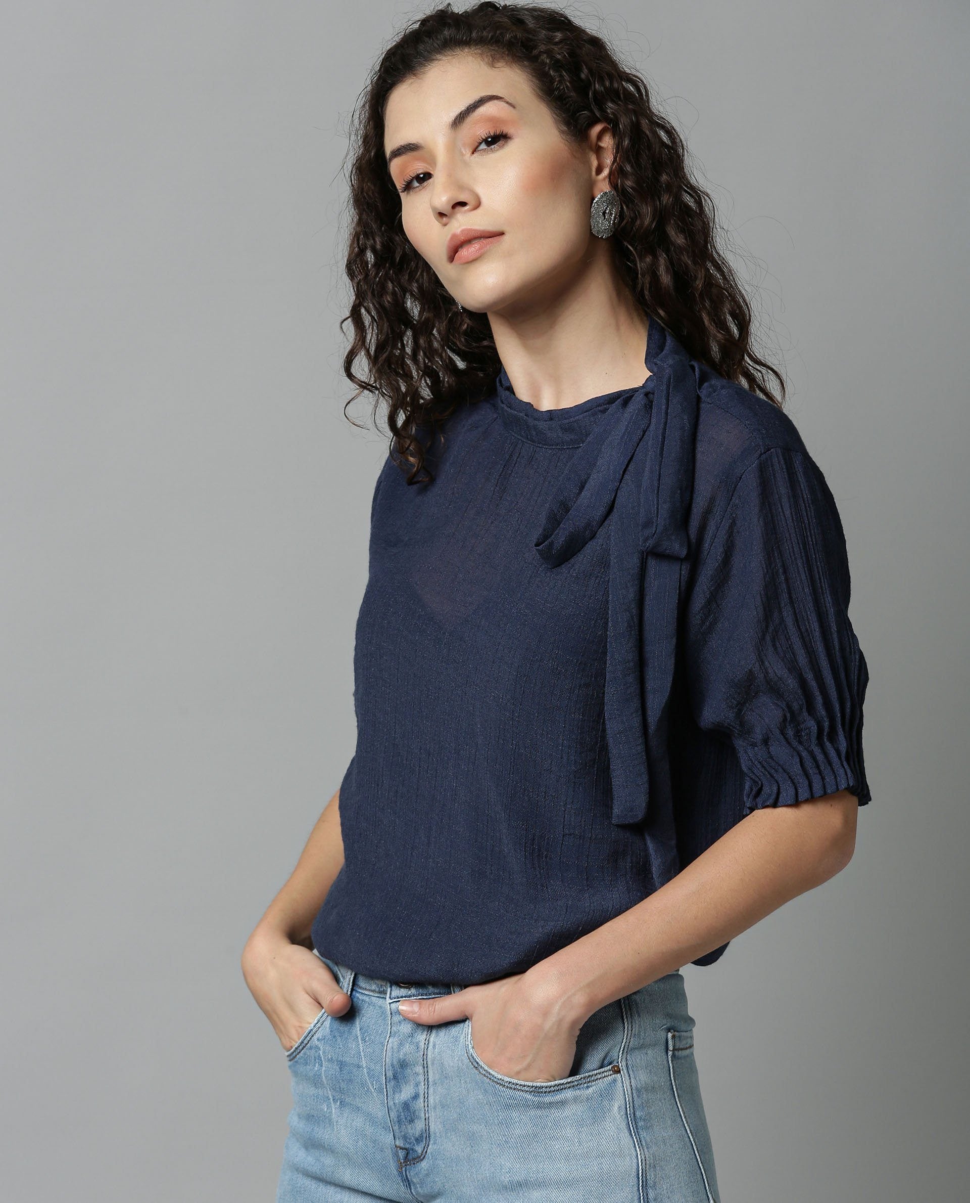 Rareism Women Sparrow Navy Top Short Sleeves