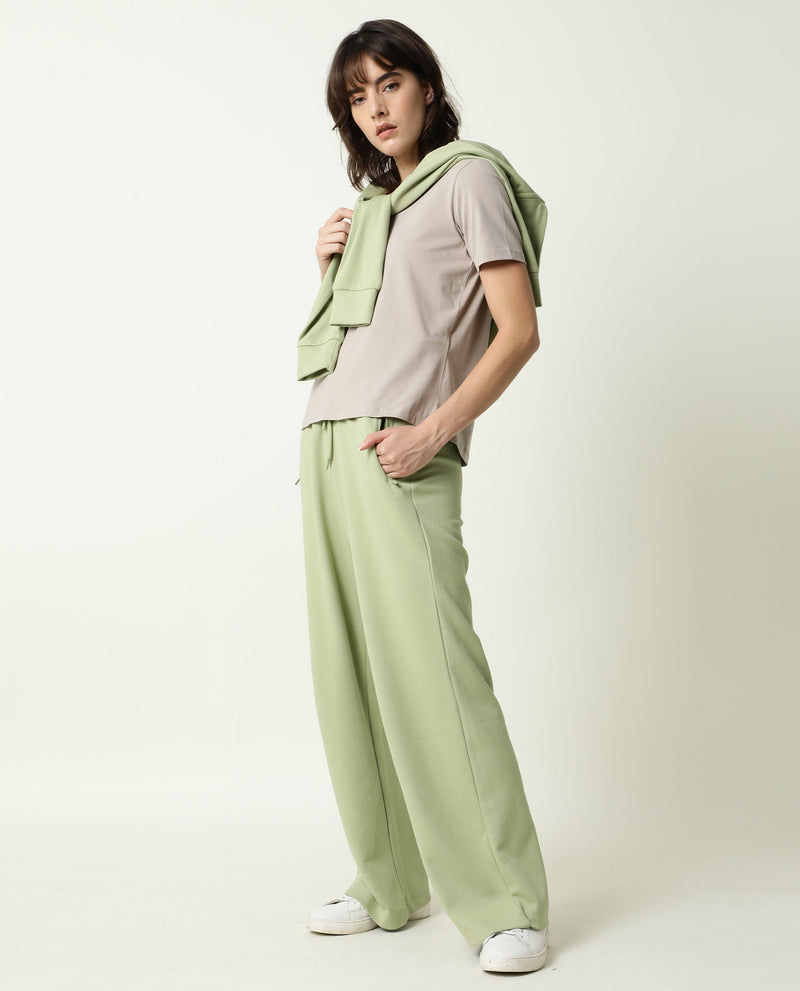 Rareism Women Capsule Light Green Cotton Blend Fabric Relaxed Fit Solid Mid Rise Ankle Length Track Pant