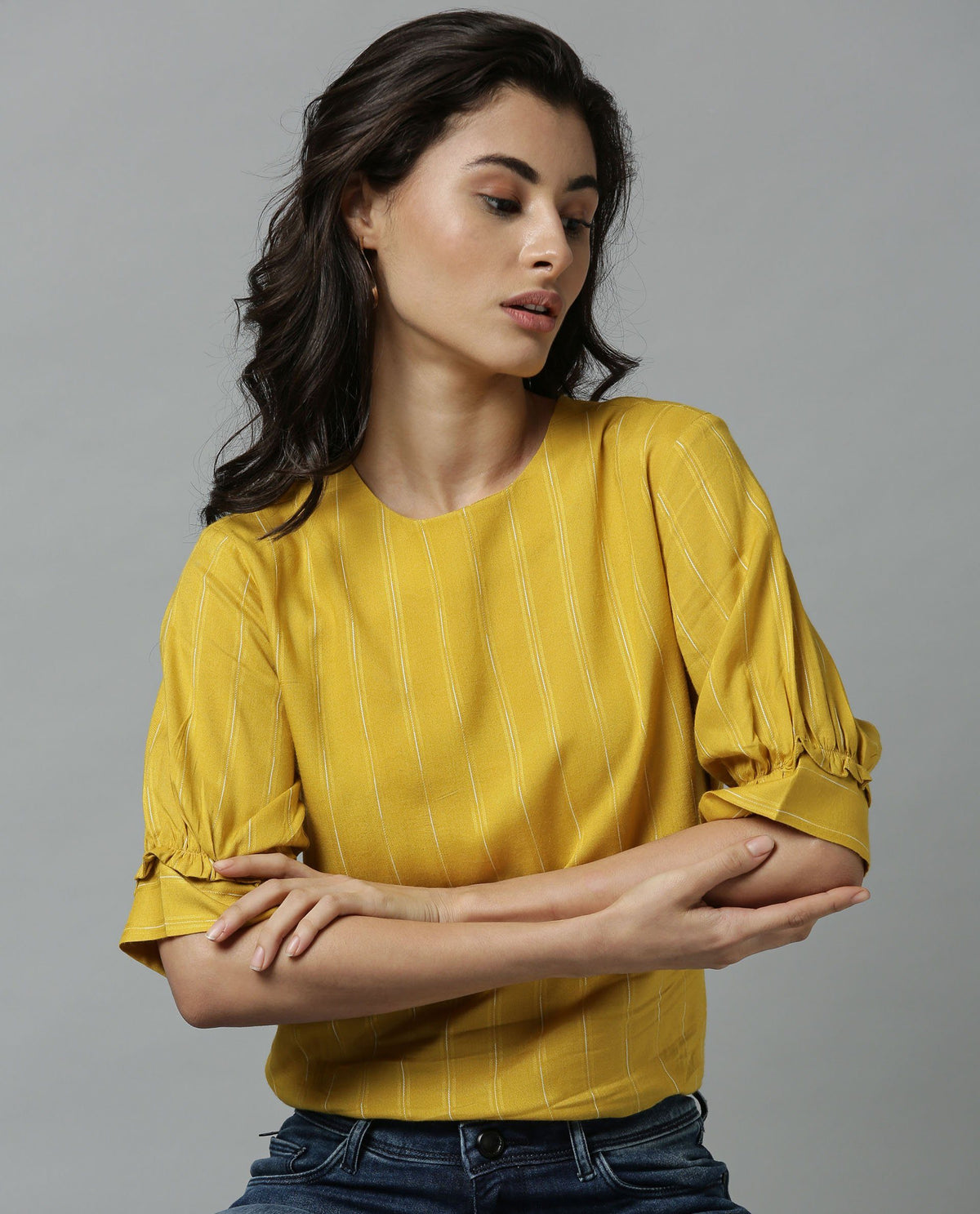 Rareism Women Mend Yellow Top Short Sleeves Stripe