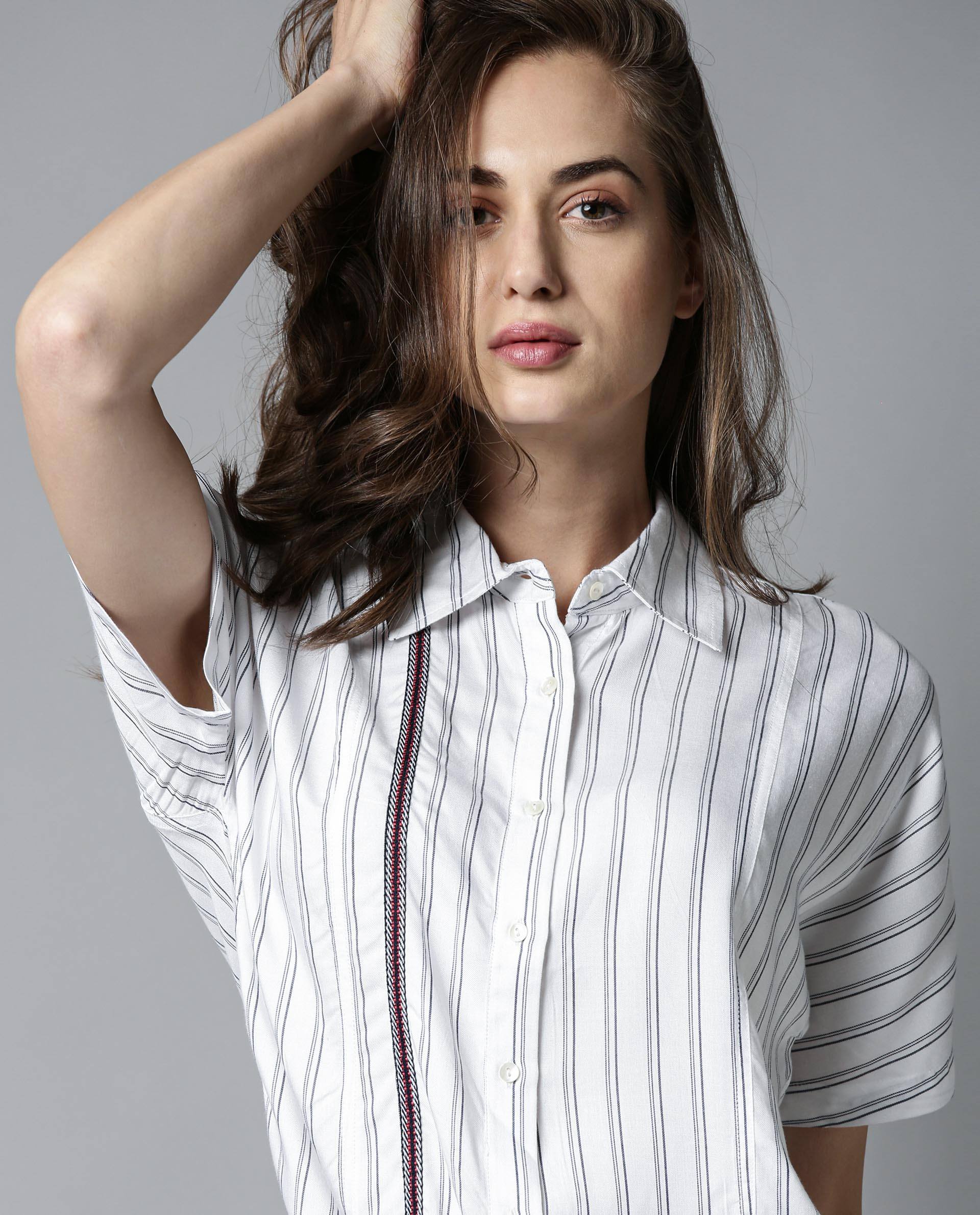 Rareism Womens Ciaga White Shirt Three Fourth Sleeve Band Collar