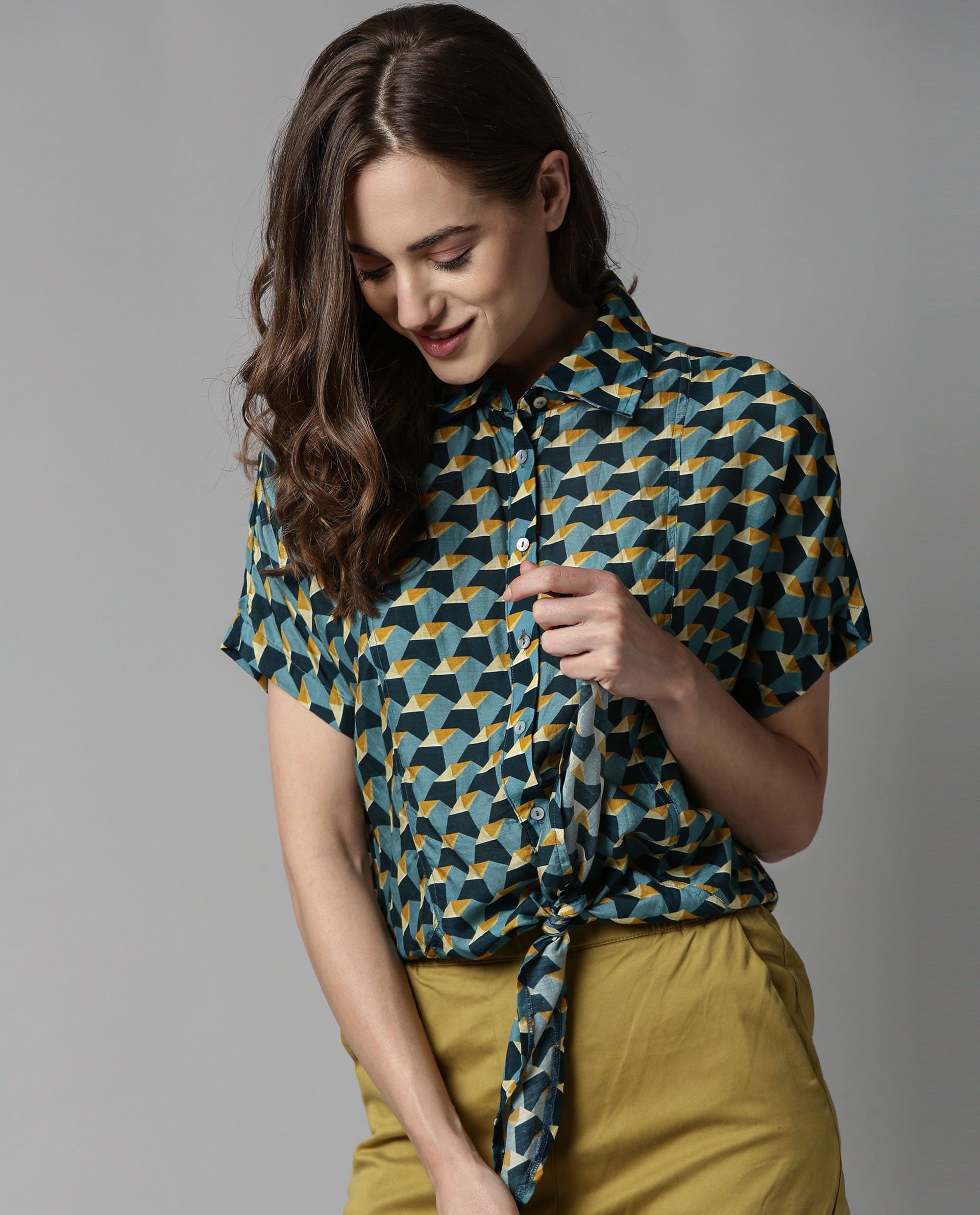 Rareism Women Biza Blue Top Short Sleeves Printed