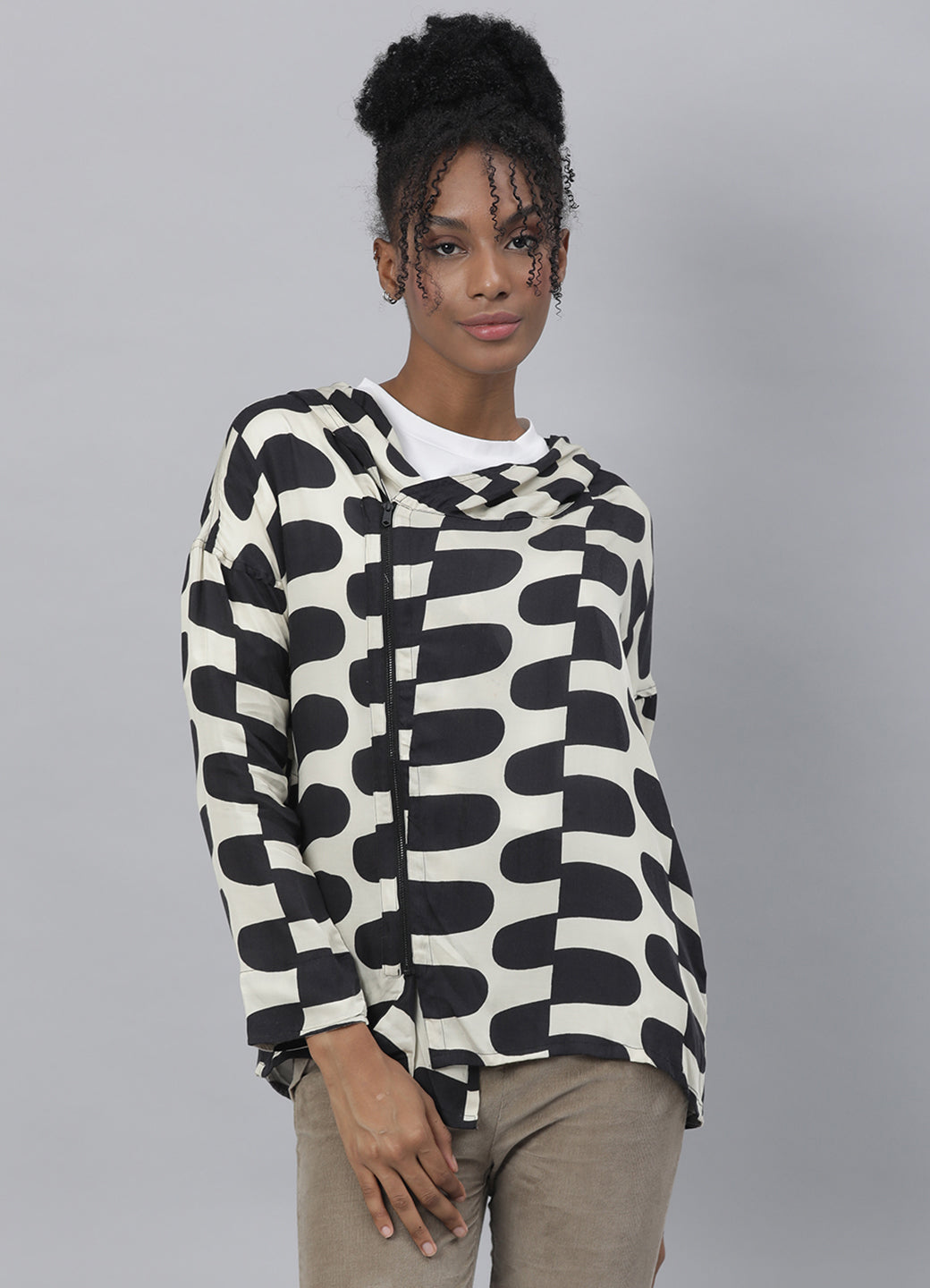 Rareism Women Flight Black Outer Wear Full Sleeves Printed